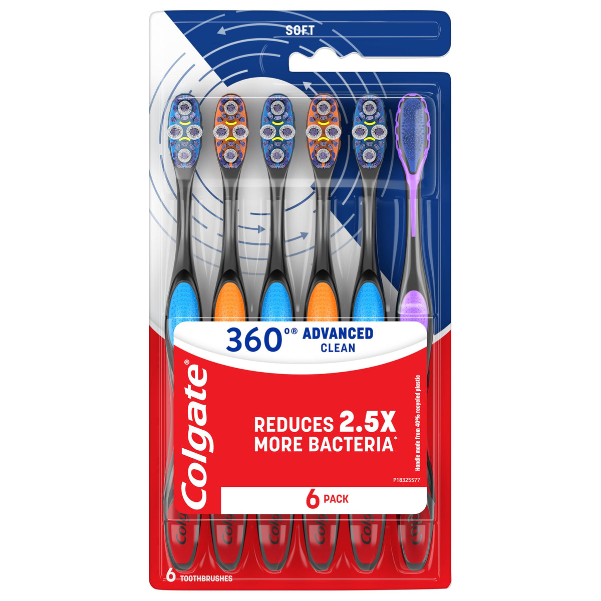 Colgate 360 Advanced Clean Floss Tip Soft Toothbrushes, 6 Pack