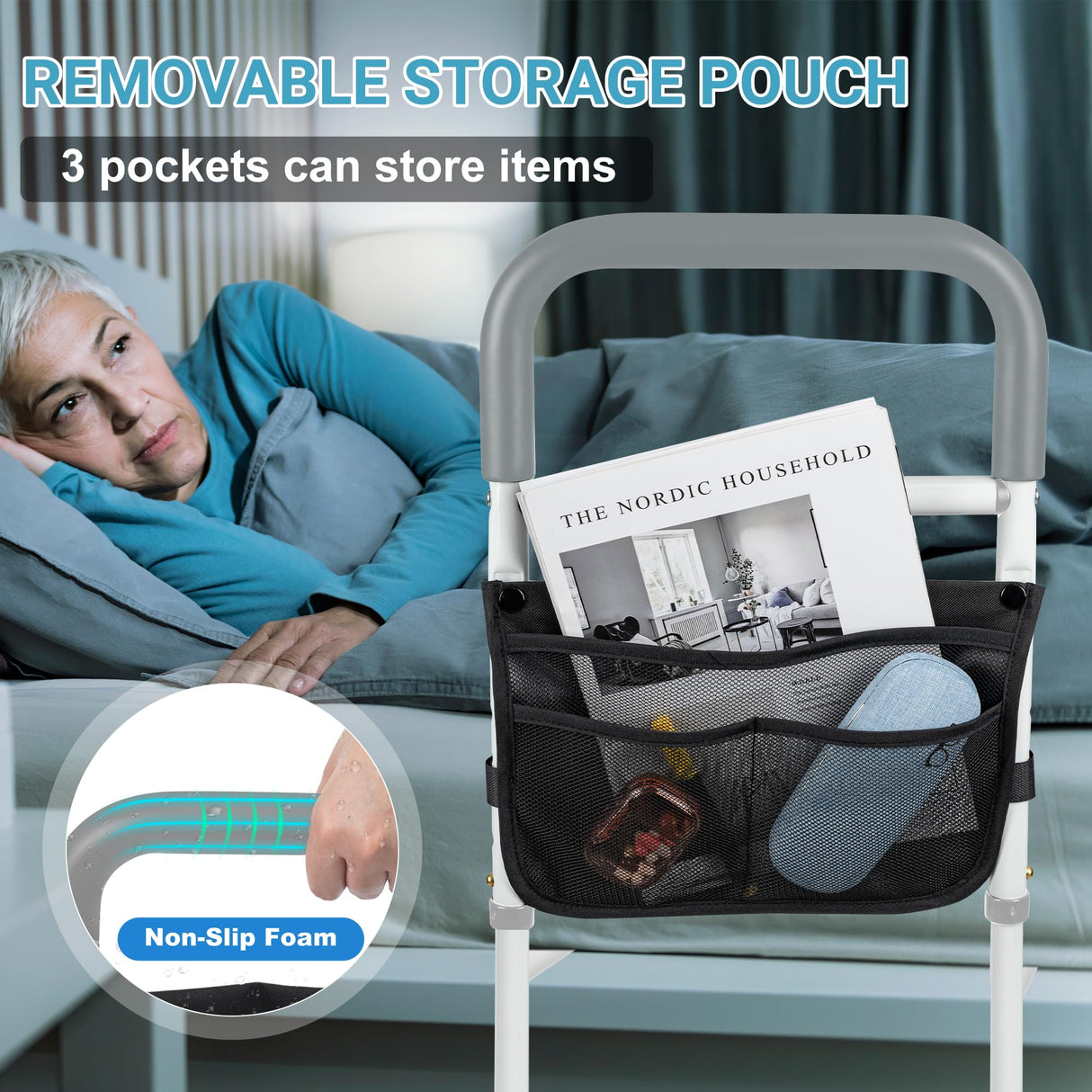 Panta Bed Rails for Elderly Adults Safety, Adjustable Bed Assist Rails for Seniors, Bed Side Rails with Support Legs and Storage Pocket, Portable Bed Cane Fit King, Queen, Full, Twin Bed, Grey