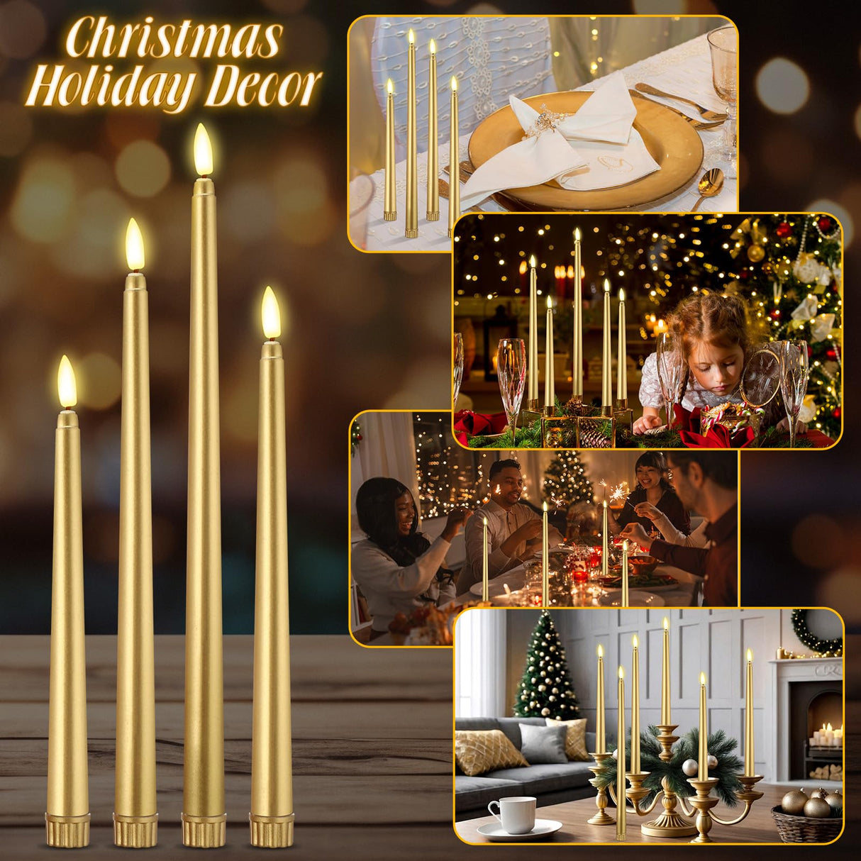 Rossesay 24 Pcs Flameless LED Taper Candles Battery Operated Candles 8.58'', 9.69'', 10.98'', 12.91'', 12.8'' Flameless Candlesticks Flickering for Halloween Christmas Church Wedding(Golden)