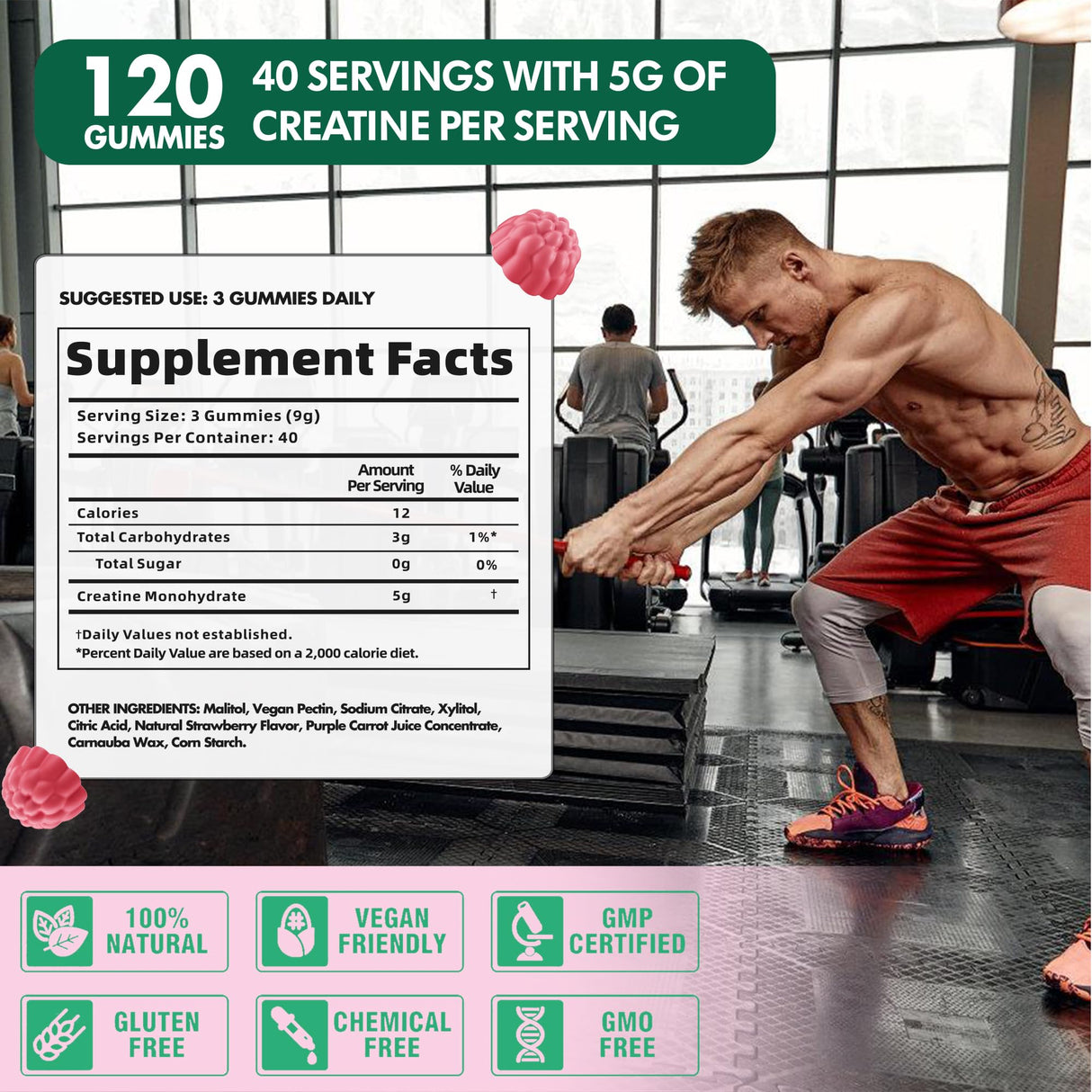 DANEW Pro Creatine Monohydrate Gummies for Men & Women-5g of Creatine Monohydrate per Serving - Sugar Free,Vegan, Raspberry Flavor, 120 Count