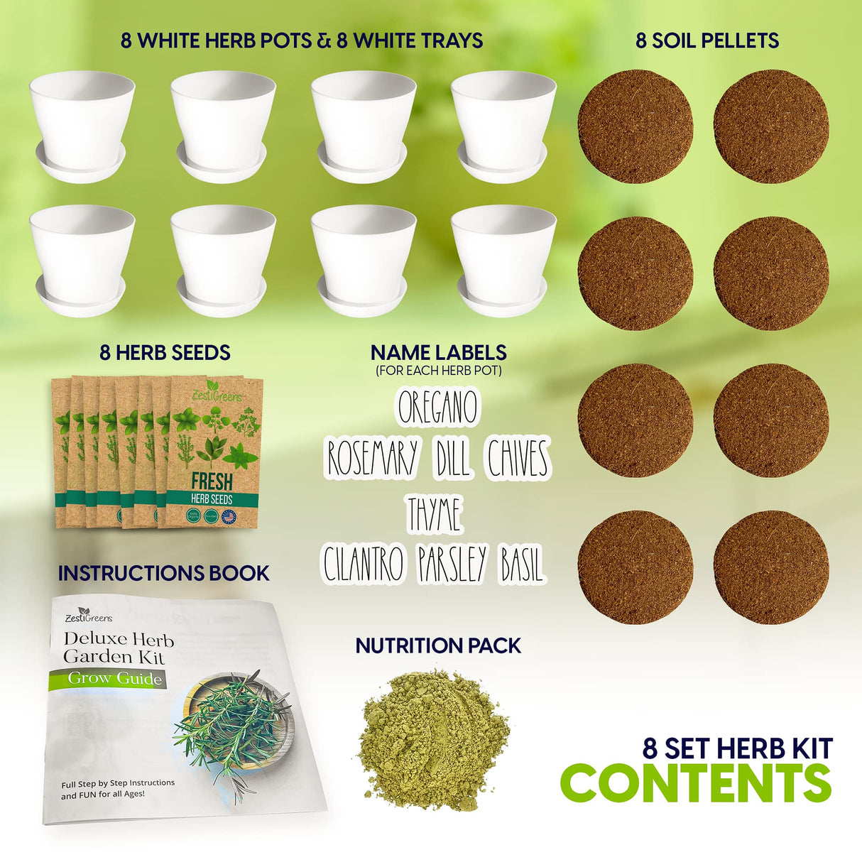 Deluxe Indoor & Outdoor Herb Garden Kit – 8 or the Most Popular Culinary Herbs with Pots & Soil for Windowsill or Patio Growing