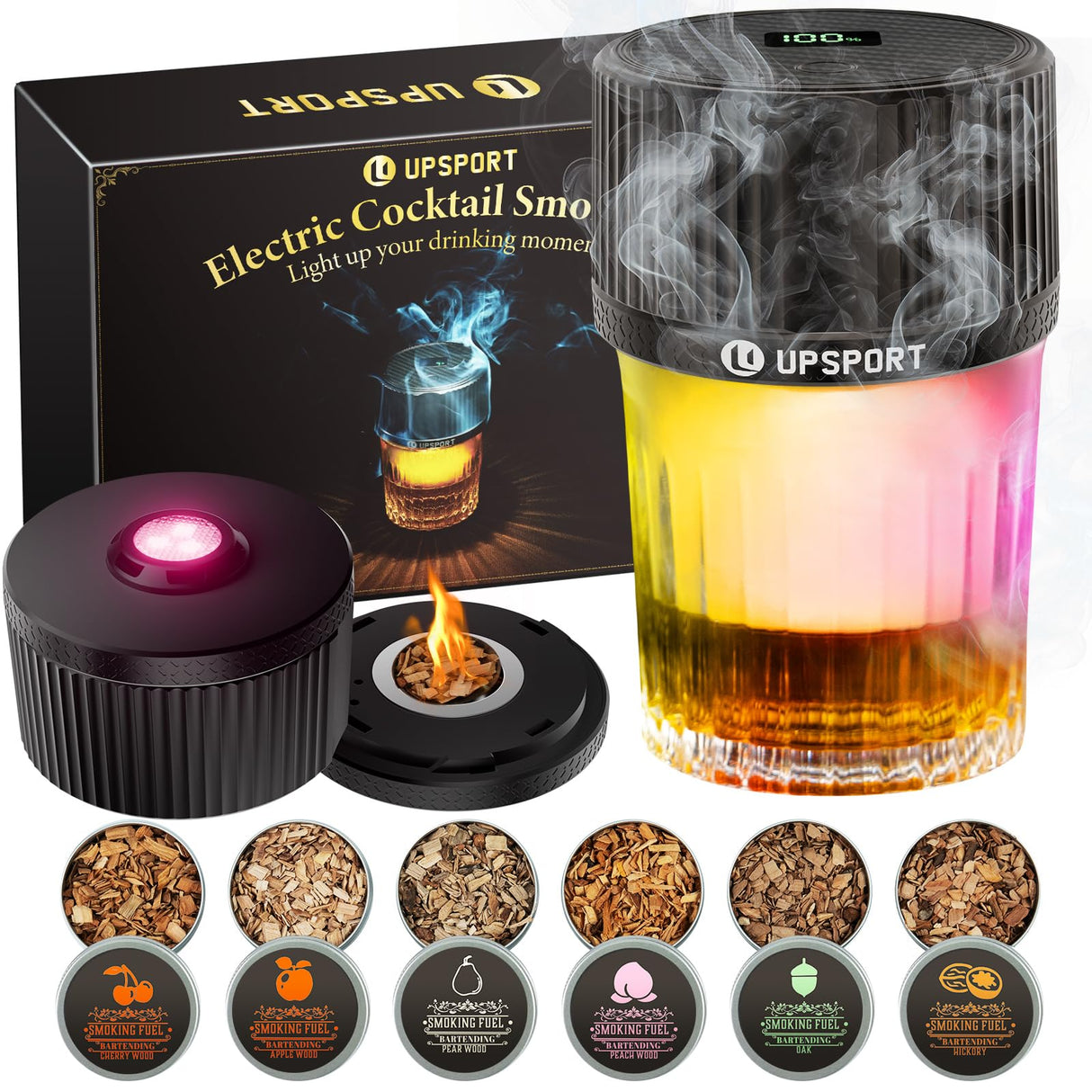 UPSPORT Electric Whiskey Smoker Kit with 4 Light Modes, Rechargeable Cocktail Smoker, 6 Wood Chips, No Butane Required, Christmas/Birthday Gifts for Men, Dad, Husband