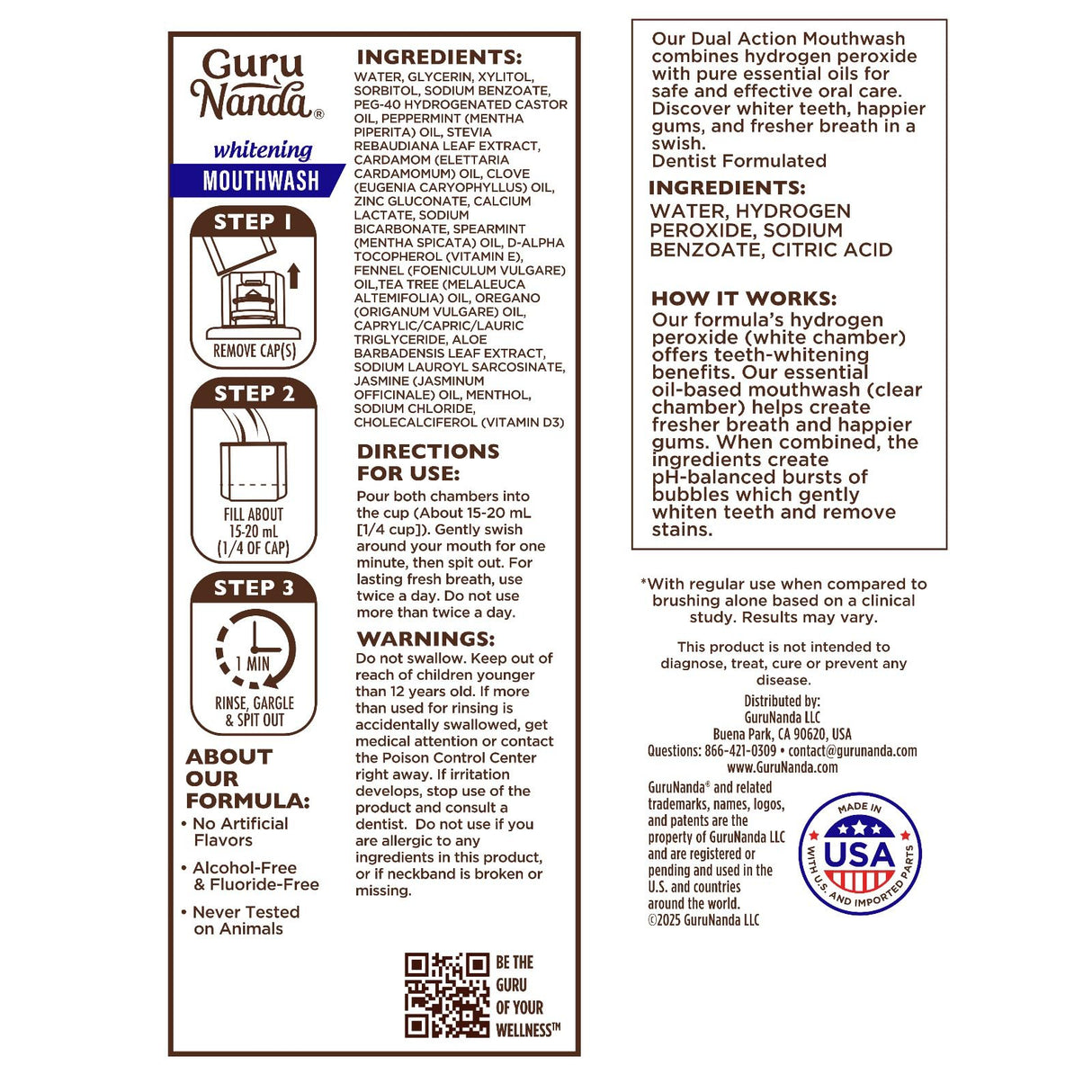 GuruNanda Teeth Whitening Dual Barrel Oxyburst Mouthwash - Alcohol & Fluoride Free, Hydrogen Peroxide to Promote Whiter Teeth - Wild Mint - 3x20 Fl Oz