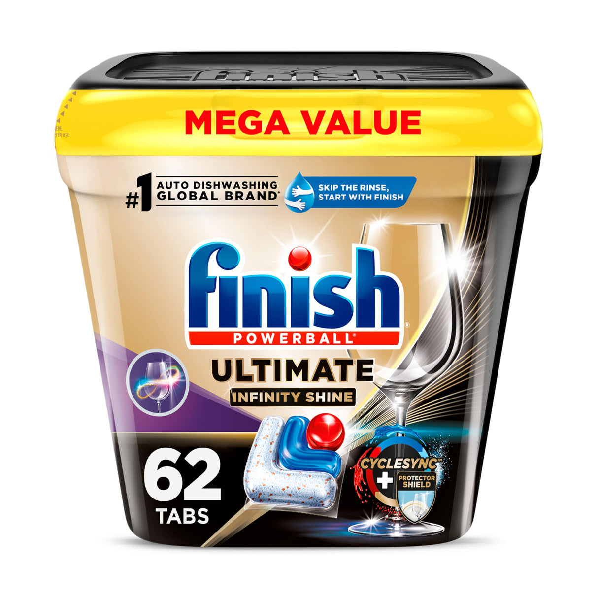 Finish Ultimate Infinity Shine Dishwasher Pods, No Pre-Rinse Dishwasher Detergent Soap Removes Burnt-On Stain, with Protector Shield & CycleSync Technology, Degreasing & Scrubbing Power, 62 Count