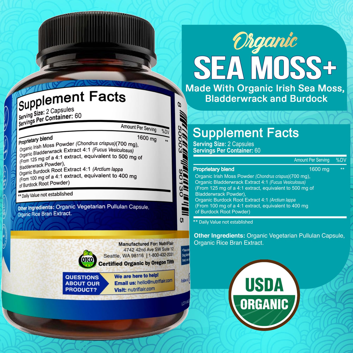 NutriFlair Organic Irish Sea Moss 1600mg, 120 Capsules Plus Bladderwrack & Burdock - Prebiotic Super Food - Immune System & Digestive Health - Thyroid, Healthy Skin, Keto Detox, Gut