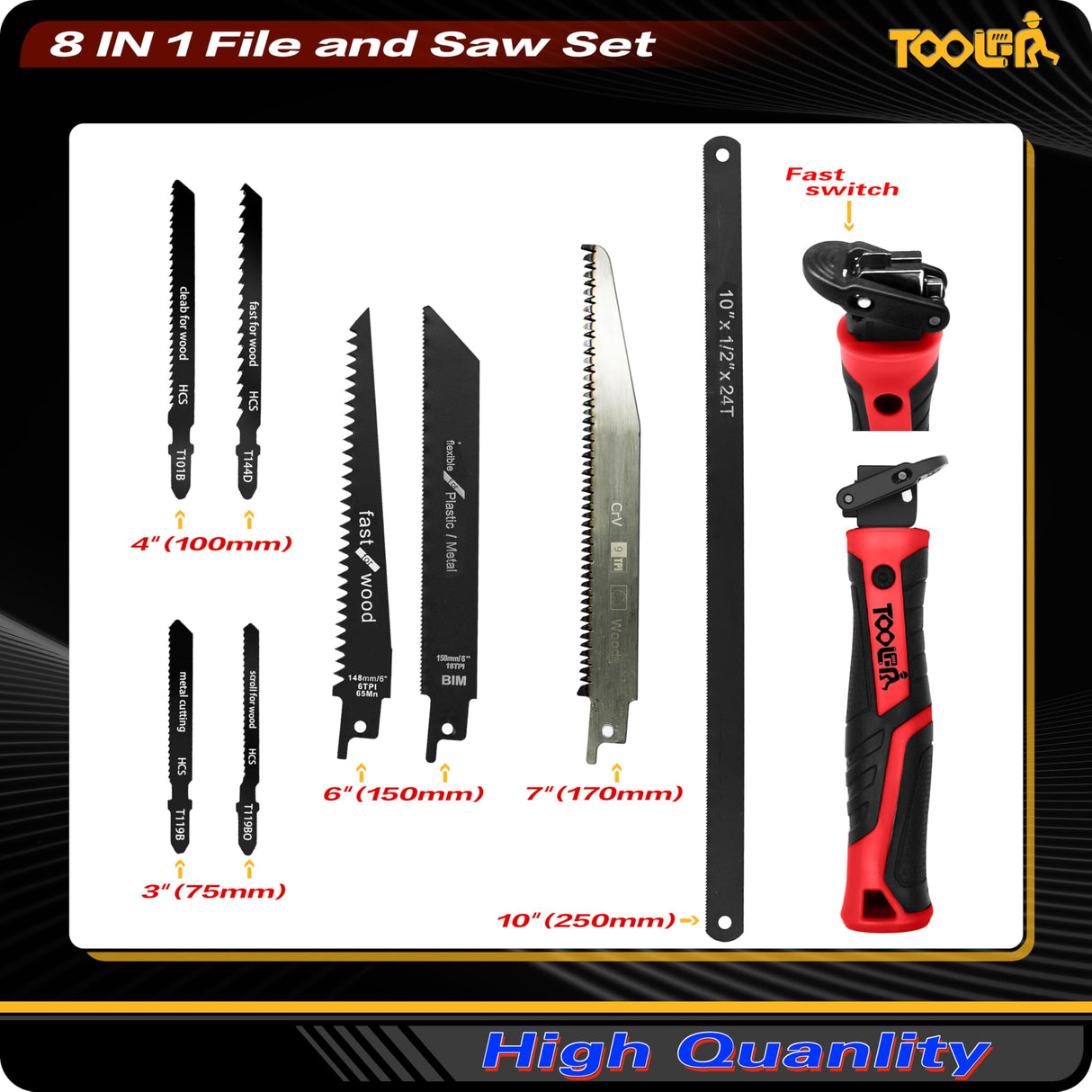 8-In-1 Multi Blades Hand Saw, Drywall Cutter. Hacksaw. Long Blade, Jab Saw, For Cutting Drywall, Sheetrock, Wood, Metel, Plastic, Plywood. Blade Quick Change Mechanism. Red Handle.