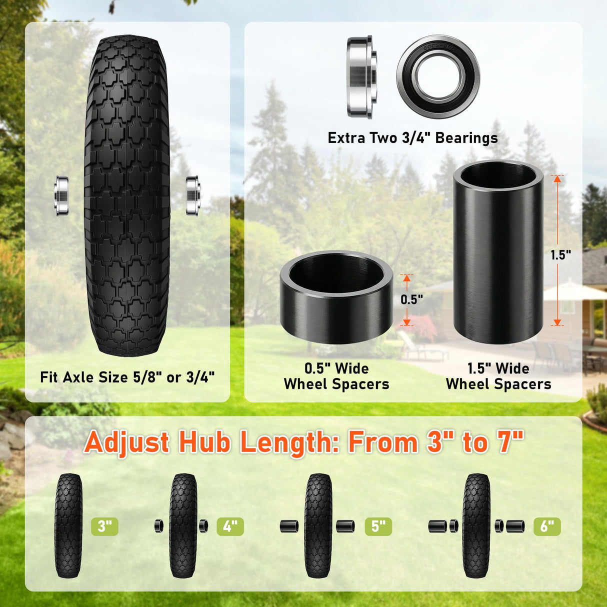 2-PCS 4.80/4.00-8 Tire, 14.5" Flat Free Wheelbarrow Tire and Wheel - Solid Replacement Tires with 3"-7" Adjustable Centered Hub, 5/8" & 3/4" Bearings | Fit 4.80/4.00-8, 4.00-8, 4.00-6, 3.50/3.00-8