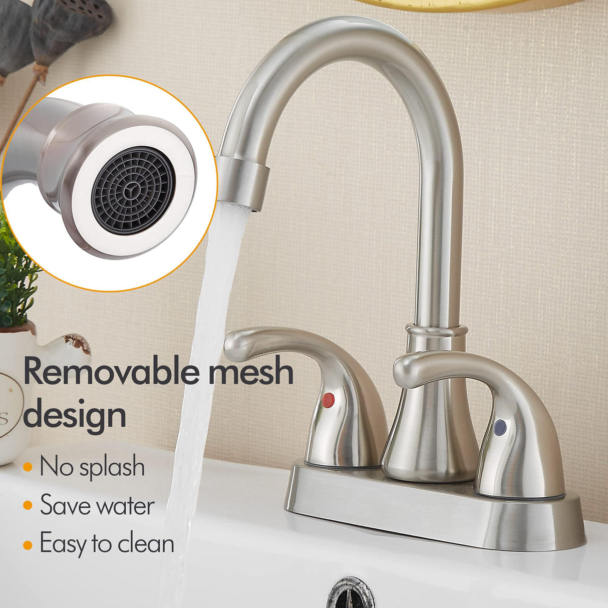 Bathroom Sink Faucet FRANSITON 4 Inch Faucet 2 Handle Bathroom Sink Faucets Lead-Free Brushed Nickel Bath Sink Faucets with Pop-up Drain Stopper and Supply Hoses