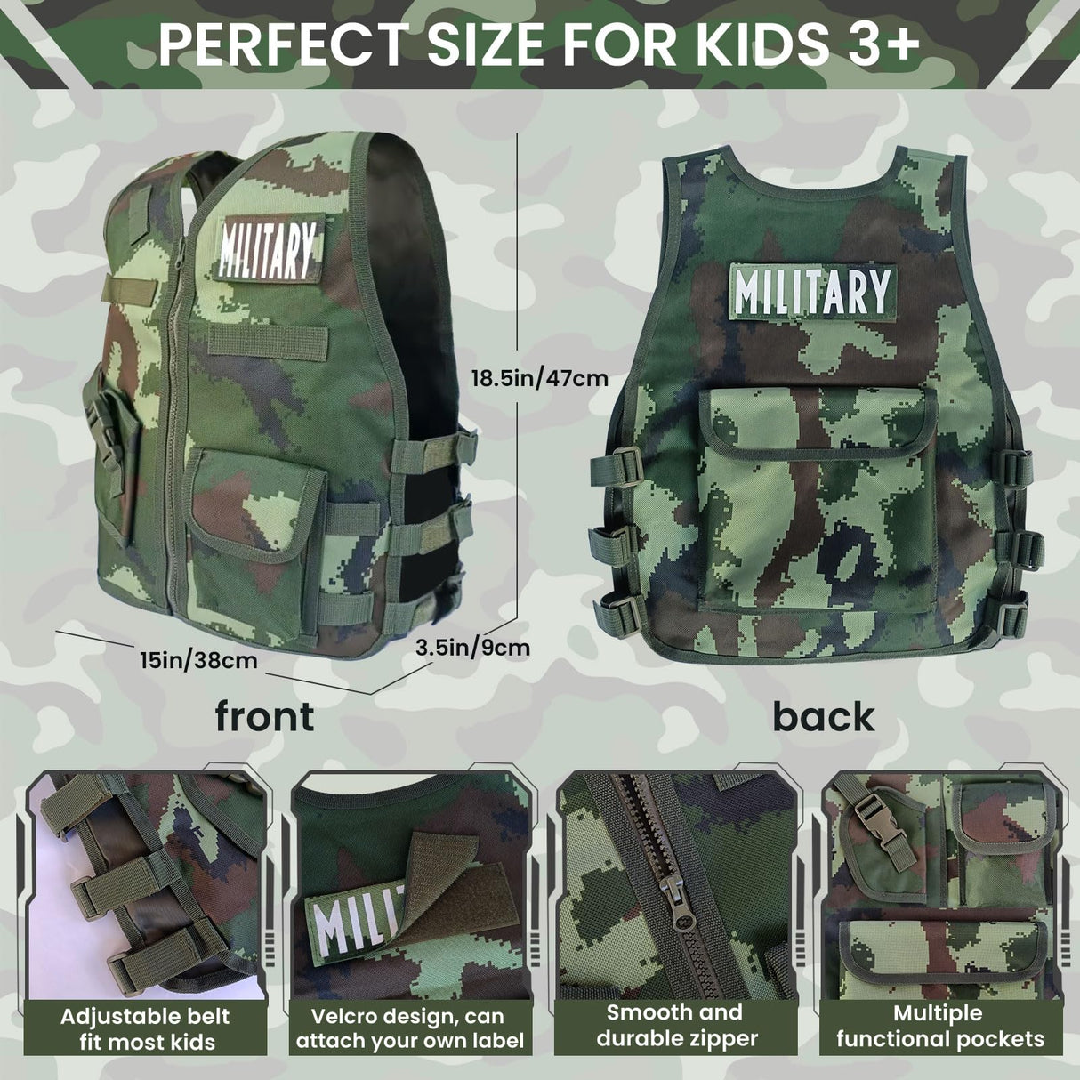 20 Piece Army Costume for Kids, Soldier Military Dress up for Boys 3-10, Kids Army Gear Role Play, Halloween Costume Camouflage Set with Vest, Camo Gloves, Helmet, Halloween Christmas Gift for Kids