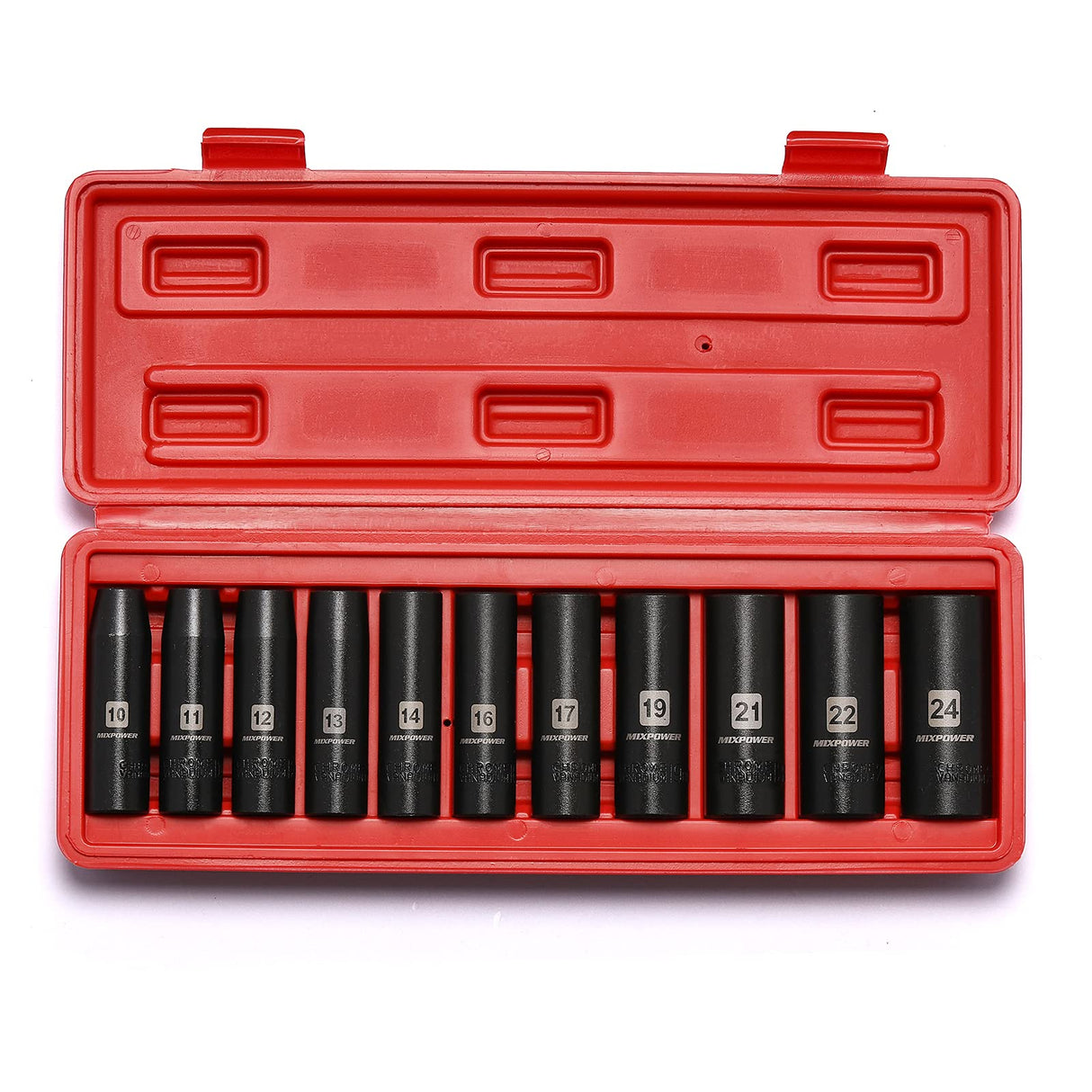 MIXPOWER 11-Piece 1/2-Inch Drive Deep Impact Socket Set, CR-V, Metric, 6 Point, Deep, 10-24mm