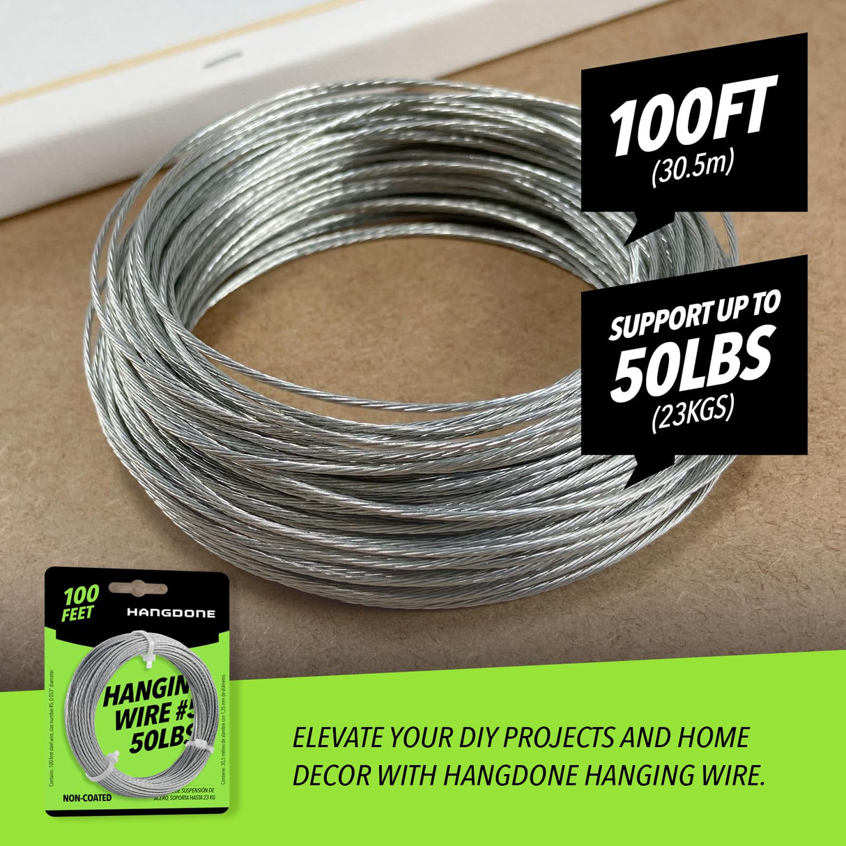 HANGDONE Picture Hanging Wire #5 – 50lbs Capacity – 100ft – 16 Gauge Non-Coated Steel | Flexible & Heavy-Duty | for Frames, Mirrors & Wall Décor