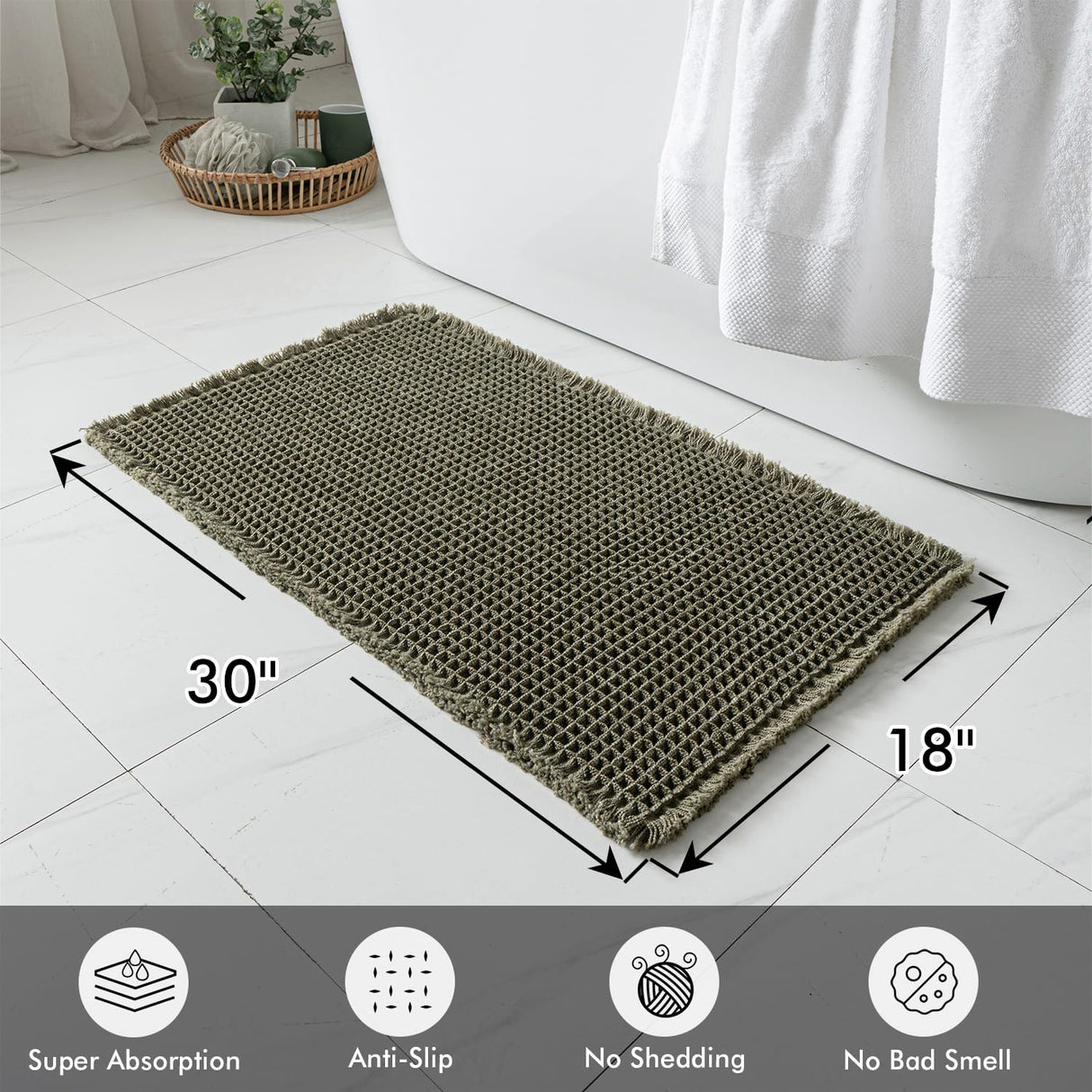 MIULEE Set of 2 Waffle Bathroom Rugs, Super Absorbent Non Slip Bath Rugs, Washable Bath Mats with Tassels, Ultra Soft Rubber Backed Shower Mats for Bathroom Floor, Tub, Christmas Green, 18x30 Inch