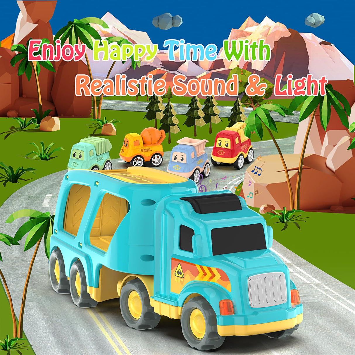 Veslier Toy Trucks for 2 3 4 5Years Old,Construction Transpor Trucks for Toddlers 2-4 Years with 4 Pull Back Cars for Toddlers 1-3,Christmas Birthday Gift for 18M+ 2 3 4 5 Years Old Kids Boys Girls.