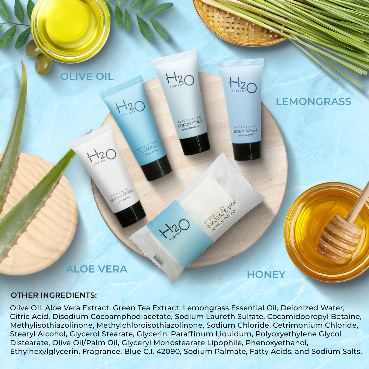 H2O Therapy Hotel Soaps & Toiletries Bulk Set | 1-Shoppe Amenities Kit | 0.85oz Shampoo & Conditioner, Body Wash, Lotion, 1oz Bar Soap | Travel Size | 75 Pieces