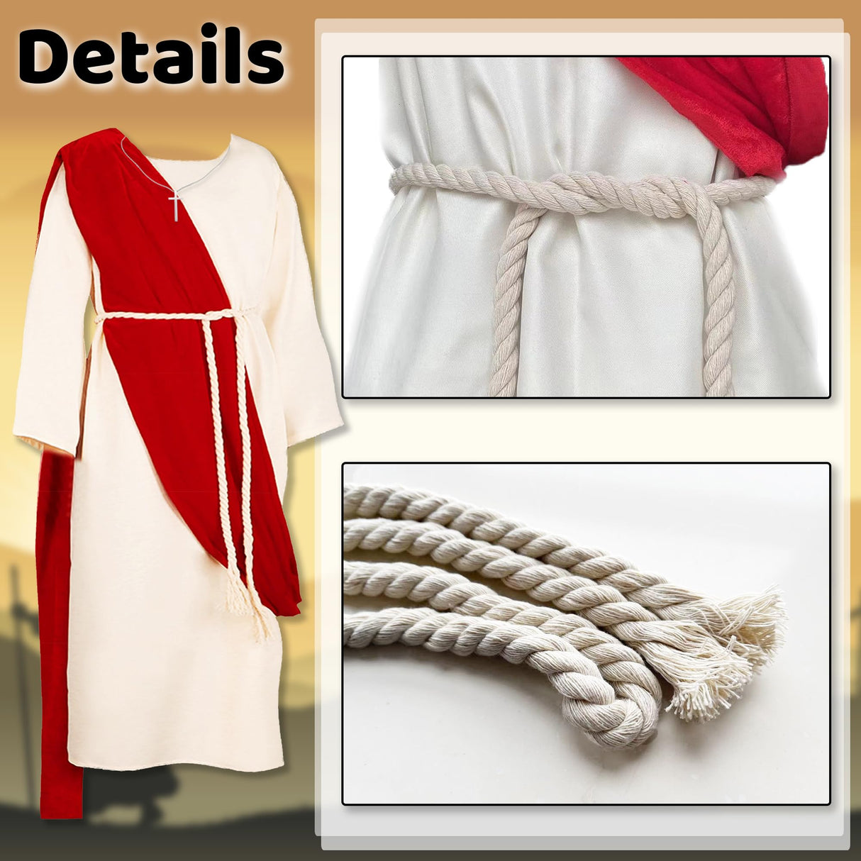 Yickoon Kids Jesus Saint Biblical Robe Costume Necklace Scarf Shawl Waist Rope Cosplay for Kids Halloween Easter Christmas M