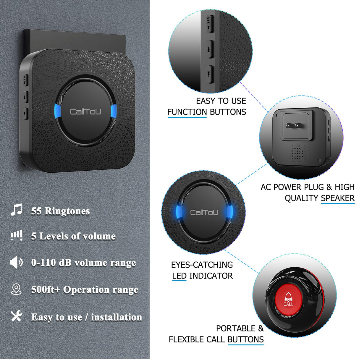 CallToU Wireless Caregiver Call Button Elderly Monitoring Alert Systems for Seniors 1 Plugin Receiver 2 Waterproof Transmitters