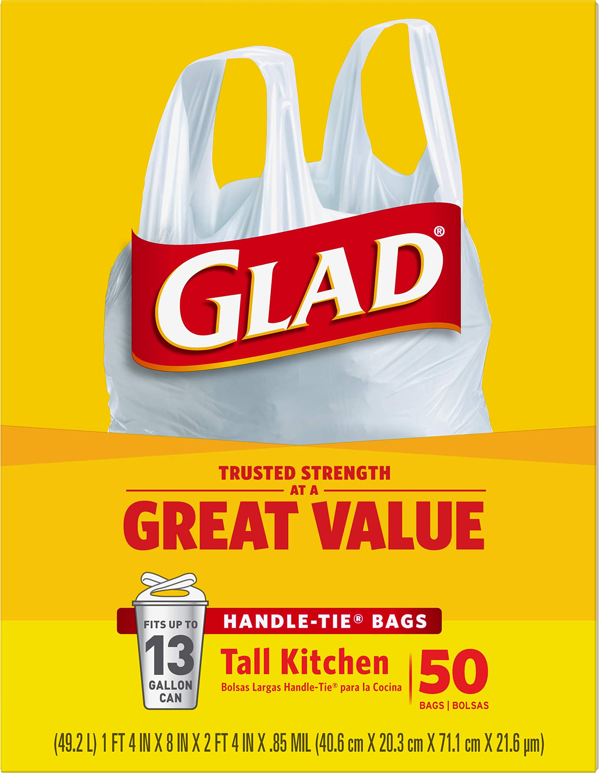 Glad Tall Kitchen Trash Bags 13 Gallon, Unscented Garbage Bags, Handle-Tie, 50 Count