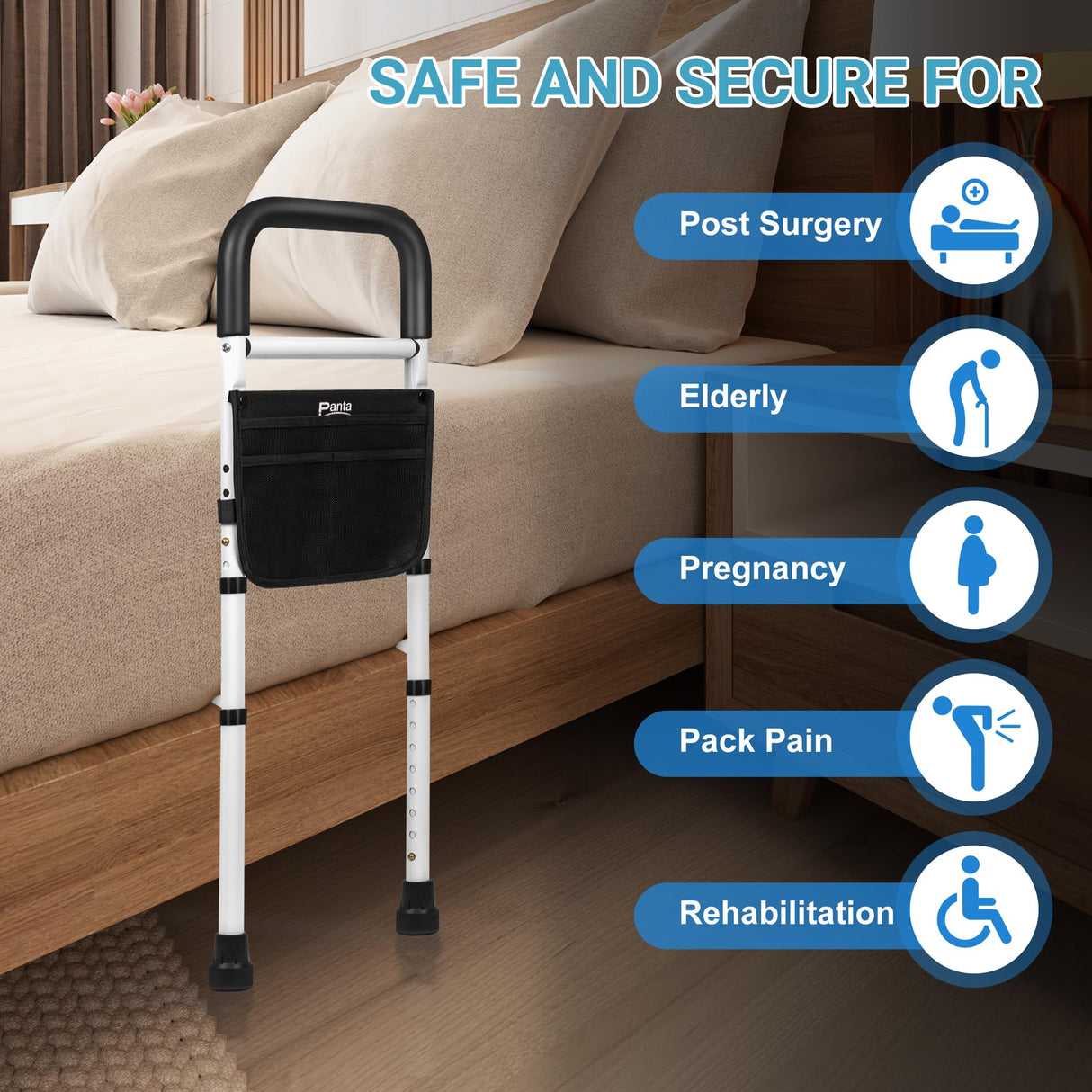 Bed Rails for Elderly Adults Safety, Adjustable Bed Assist Rails for Seniors, Bed Side Rails with Support Legs and Storage Pocket, Portable Bed Cane Fit King, Queen, Full, Twin Bed, Black