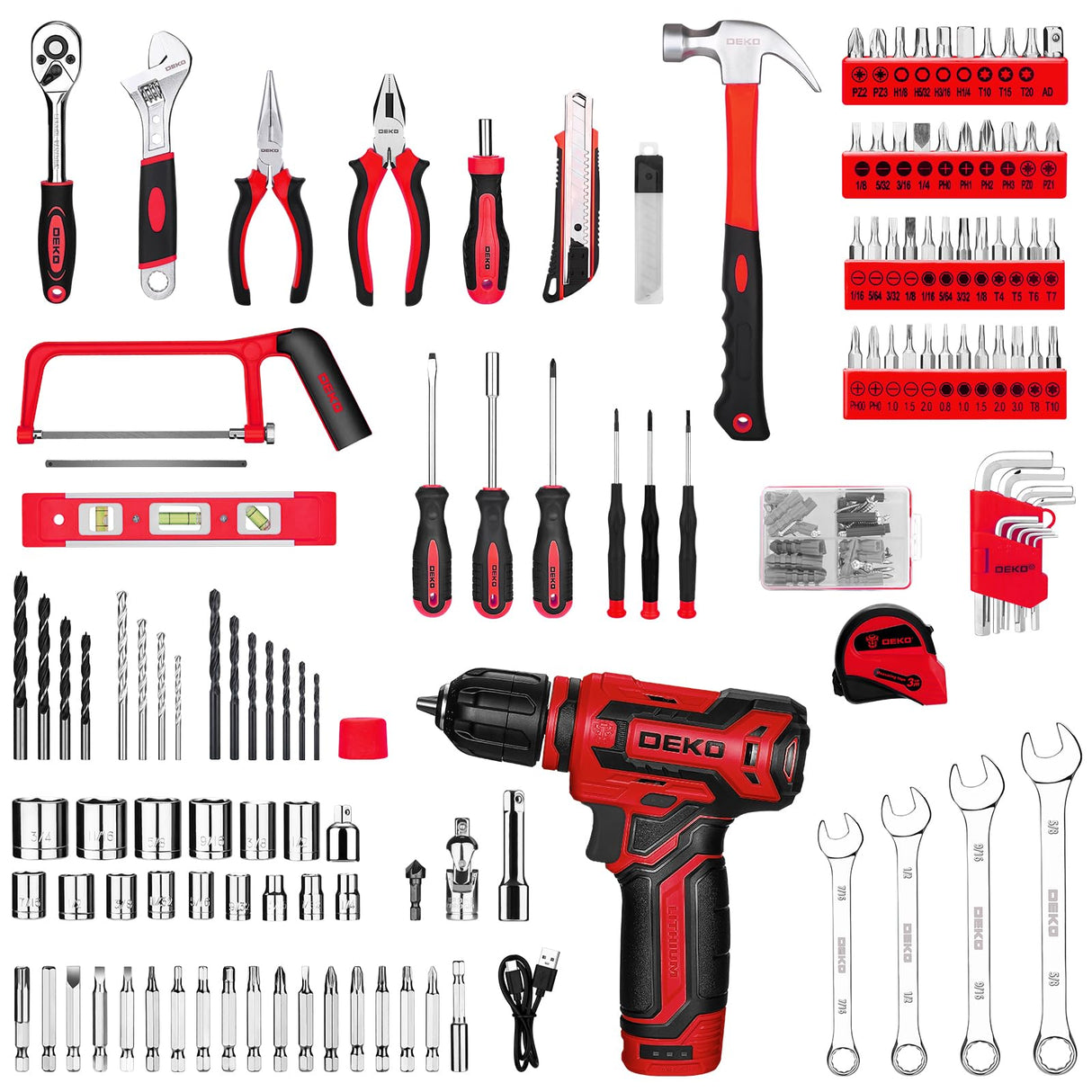 Drill Tool Set:Tool Kit with 12V Power Cordless Drill Hand Repair Tools Box with Drill, Home Tool Kits for Men & Women, Hand Drill Set Perfect for Homeowner, Diyer, Handyman - Red