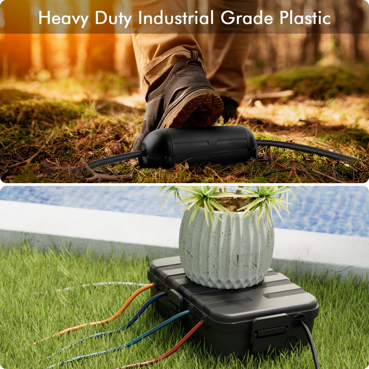 RESTMO IP54 Extra Large Outdoor Box w/ 6 Cable Seal Entry, Bundle w/ 4 Small Weatherproof Extension Cord Safety Cover, Protect Power Strip, Timer Outlet Plug, Christmas Decoration, Black.