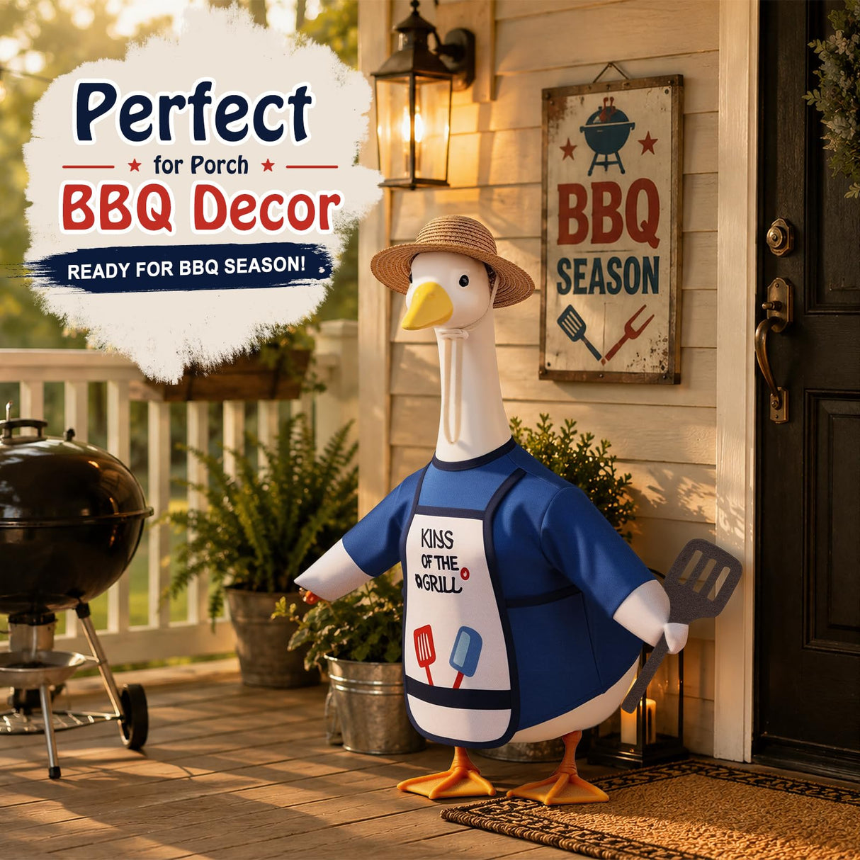 Pextian BBQ Porch Goose Outfits, 23 Inch Porch Goose Summer Outfit, Funny Duck Clothes with Straw Hat, Apron & Spatula -Goose Clothes for Cement Goose Outdoor Garden Yard Decor