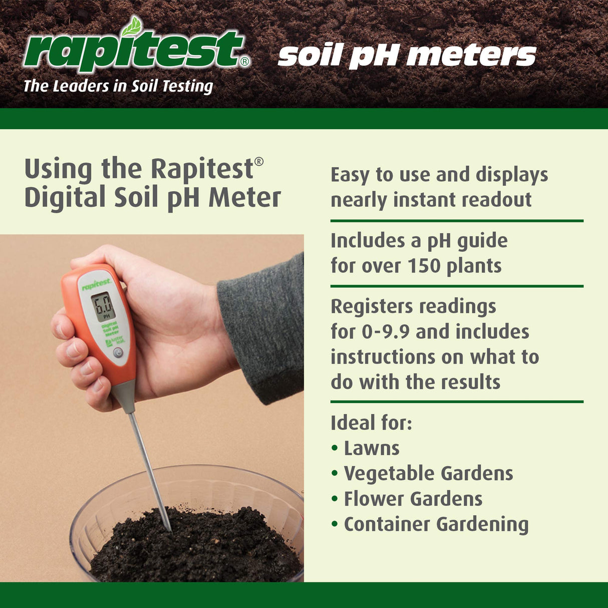 Luster Leaf Rapitest Digital Soil pH Meter. Designed and Engineered in the USA.