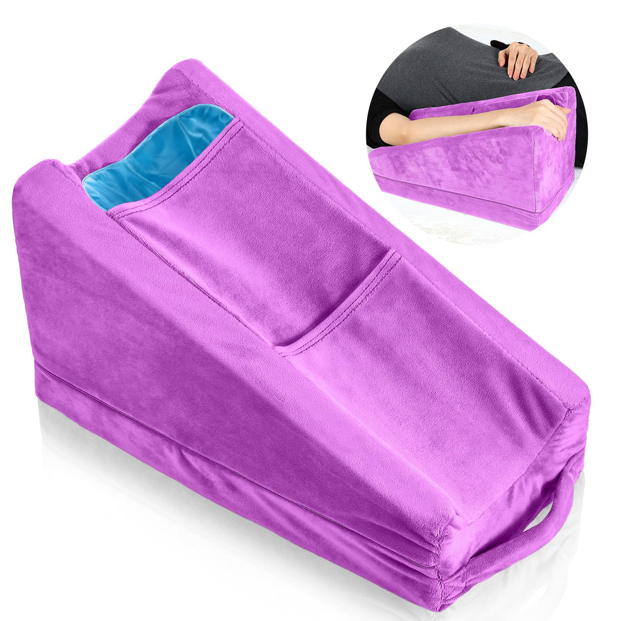 Buryeah Arm Elevation Pillow with 2 Pockets, Soft Ergonomic Support Pillow for Elbow Rest Wedge Broken Arm Gifts with High Density Foam for Recovery Sleeping(Violet)