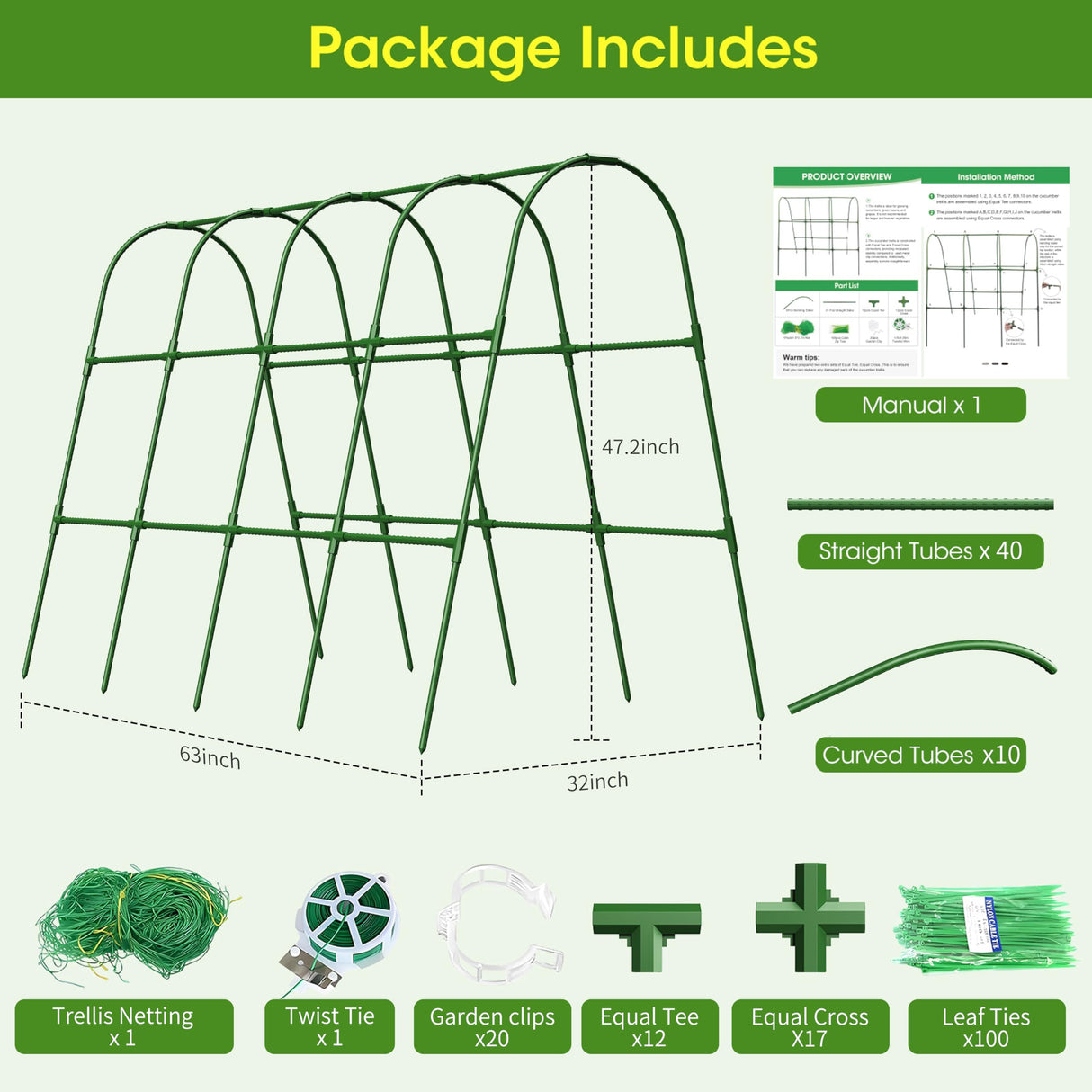 MQHUAYU Cucumber Trellis for Raised Bed,U-Shape Garden Trellis for Climbing Plants Outdoor, Metal Arch Vegetables Trellis, Plant Support for Vine (Green, 63" Lx21.6 Wx47.2 H-Large)