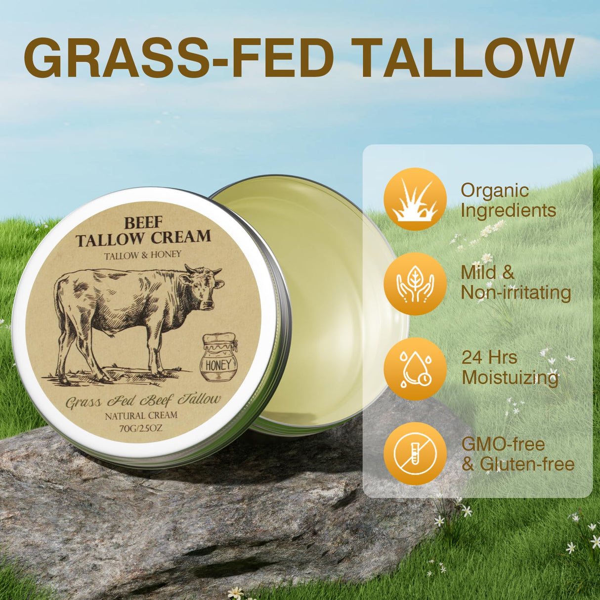 MROUVIK Beef Tallow for Skin, Tallow and Honey Balm,Tallow Face Moisturizer, Natural Grass-Fed Beef Tallow Balm with Raw Honey Moisturizing Cream for Body Lotion Skin Care