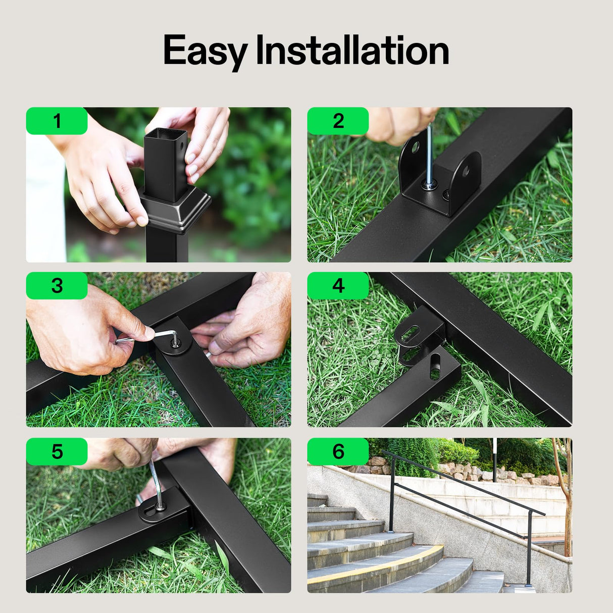 VIVOSUN Outdoor Handrail, 4 Step Stair Handrail, 54" x 36" Fits 1 to 4 Steps, Wrought Mattle Iron Handrail for Concrete Steps, Porch Steps, One-Step Assembly, Black
