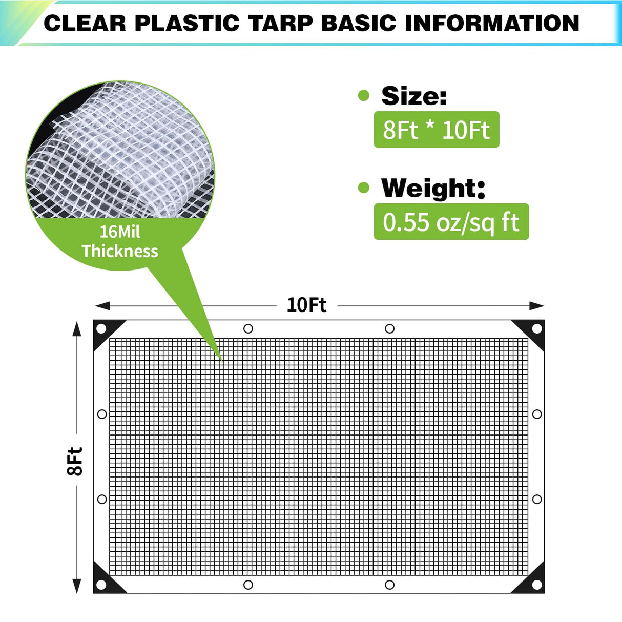8Ftx10Ft Clear Greenhouse Plastic Covering, 16Mil Thickness Heavy Duty Clear tarp for Chicken coop, Greenhouse Plastic sheeting with Hemmed Edges & preinstalled Grommets.