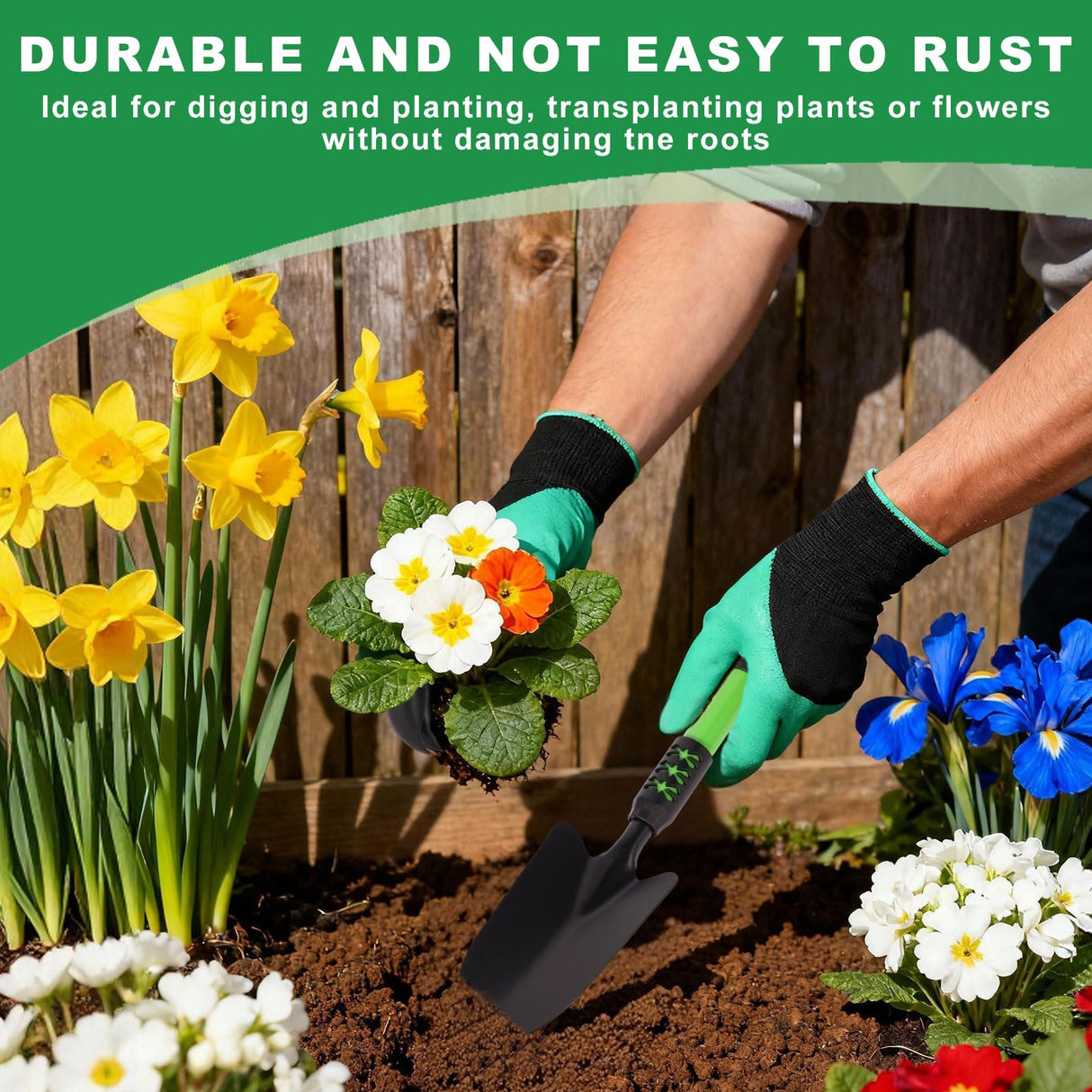 Zenrok Gardening Tool, 3 Pack Lightweight Heavy Duty Spade Shovel, Garden Tools and Hand Rake with Soft Rubber Non-Slip Handle, for Gardenging Planting Weeding Digging, Green 