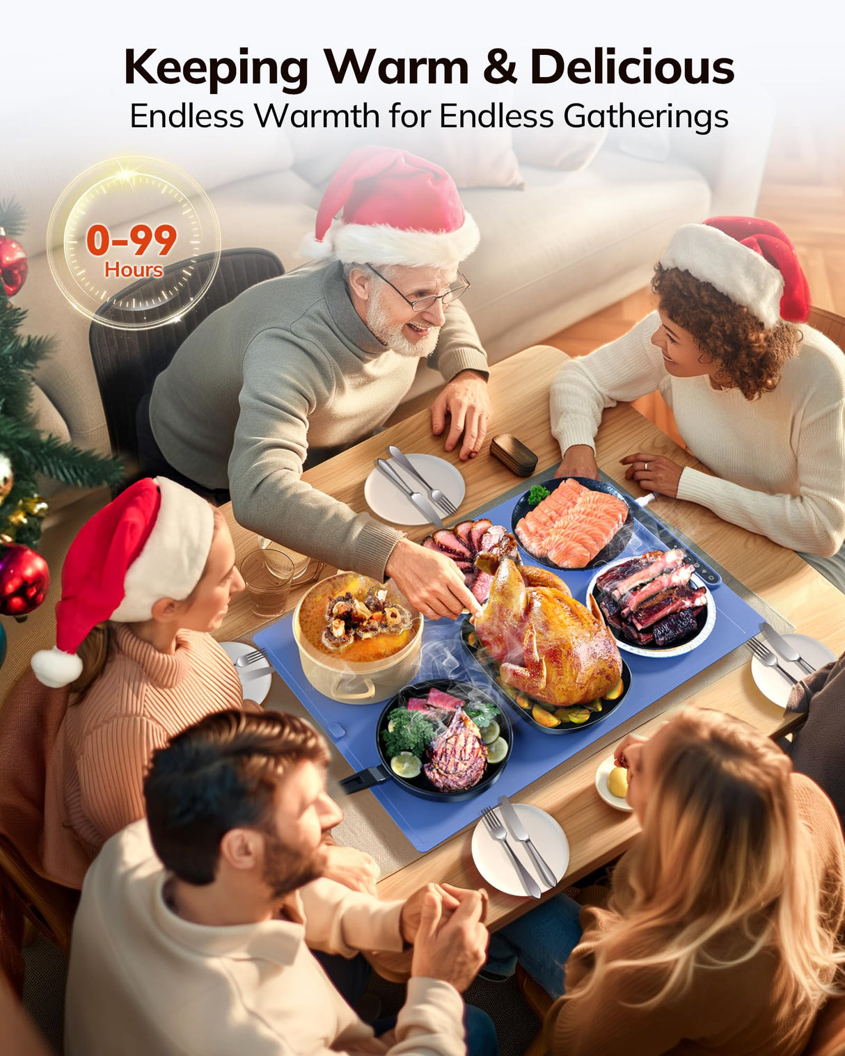 Laudlife Electric Warming Mat for Food, Roll-Up Silicone Heating Pad with 7 Adjustable Tempmaster Levels, Foldable Warming Tray for Countertop,Buffet Party, Kitchen & Home, Child Lock, Dark Bule