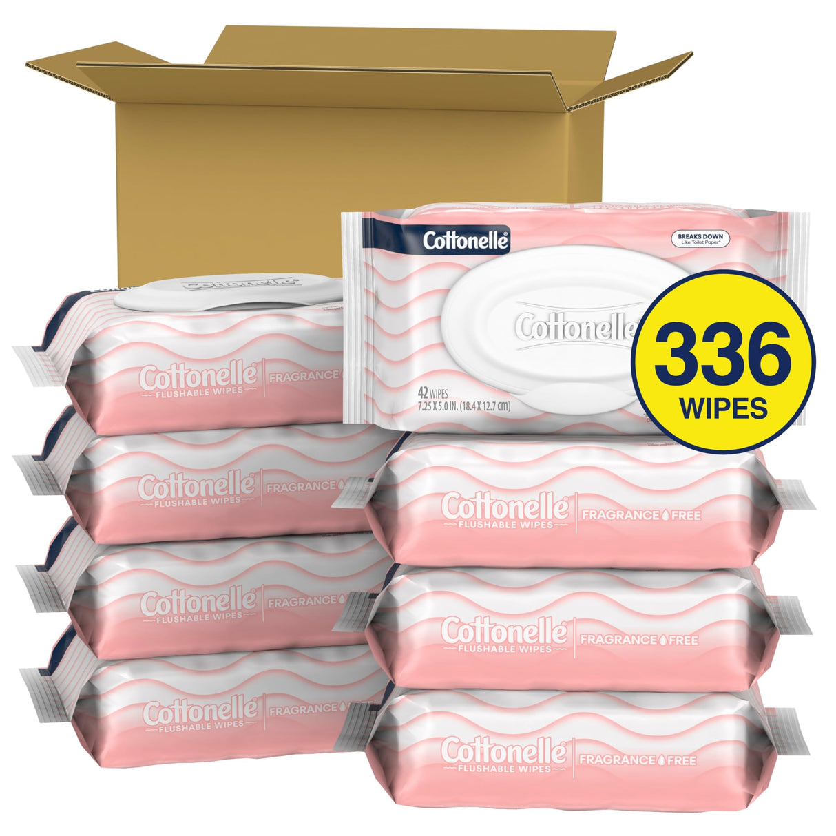 Cottonelle Fragrance Free Flushable Wet Wipes, Adult Wet Wipes, 8 Flip-Top Packs, 42 Wipes Per Pack