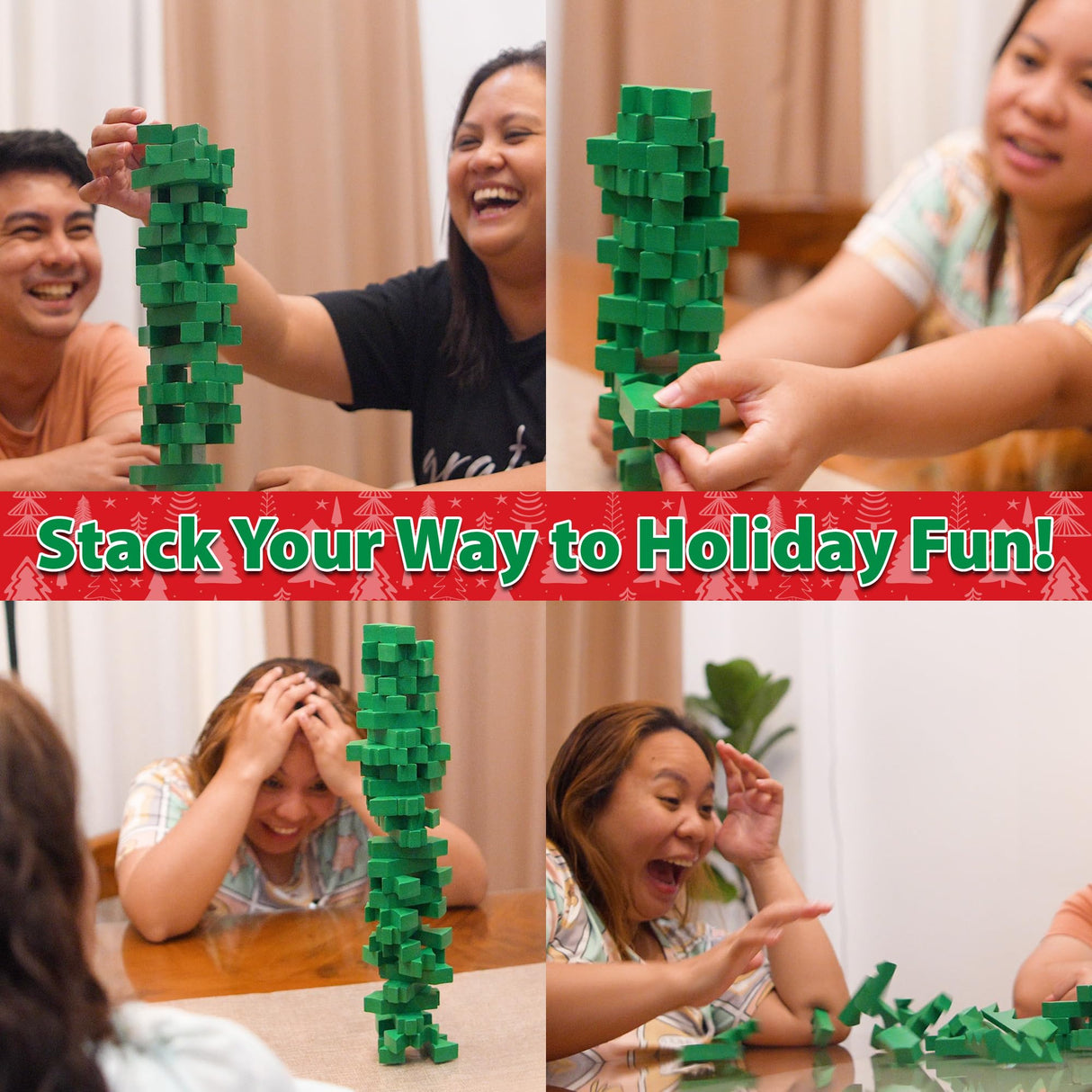 Funwares Christmas Tree Stack-Up, Wooden Blocks Stacking Game, Tumbling Tower, Family & Party Fun, Kids and Adults, Holiday Decoration, Ages 6+