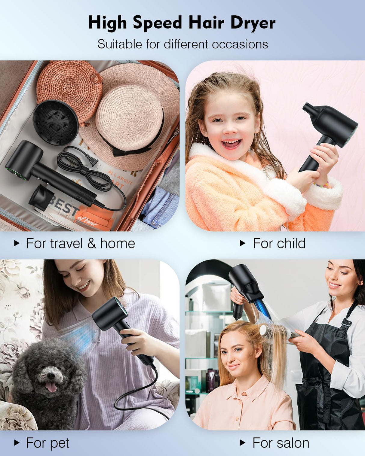Hair Dryer,160000 RPM High Speed Blow Dryer with 200 Million Negative Ionic, Low Noise Thermo-Control Professional Hair Dryer with Diffuser and Nozzle,Portable Hair Blow Dryer for Home Travel