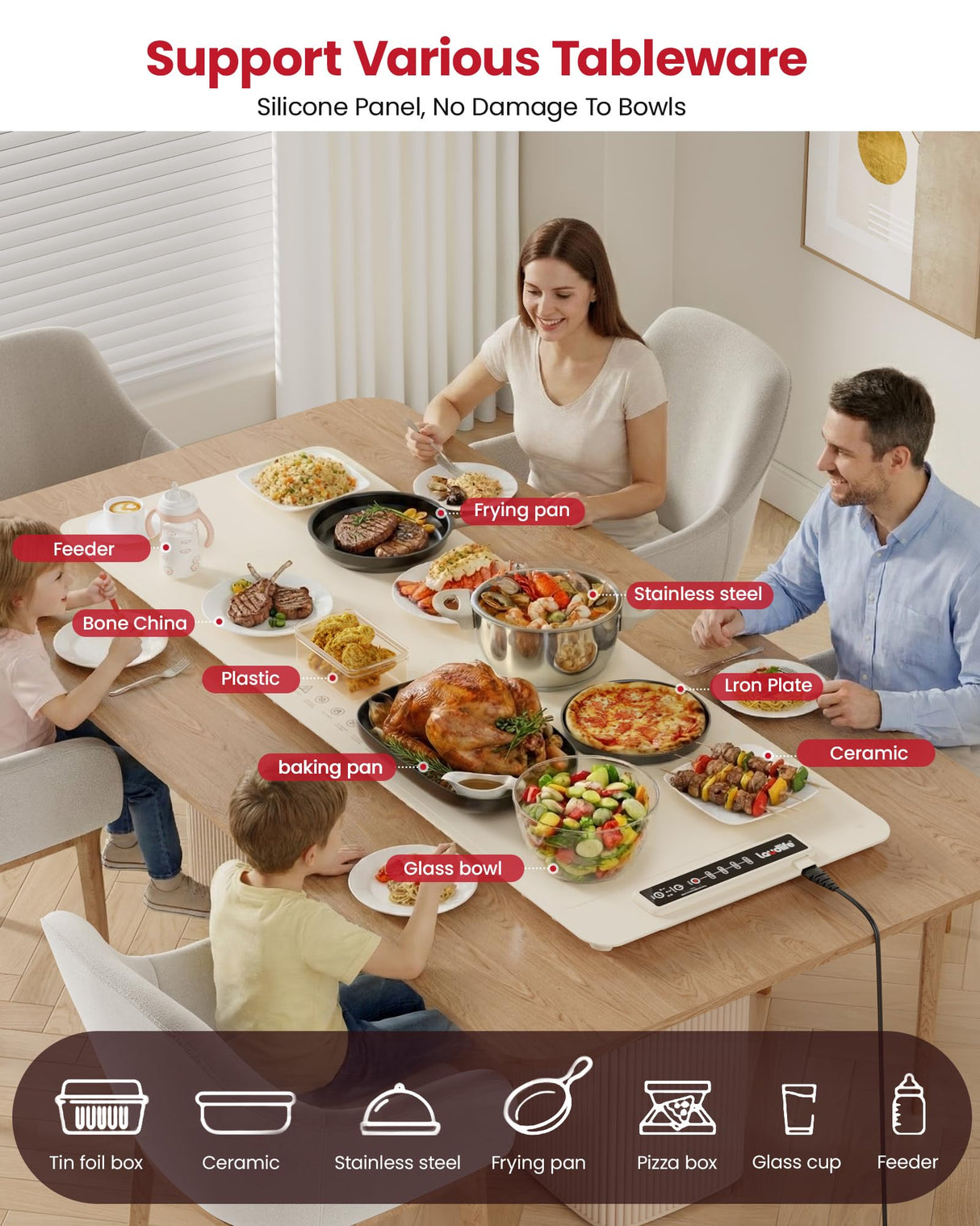 Extra Large Food Warming Mat for Countertop (XXXL 40”x16”) - Full-Surface Heating Pad with 4 Temps Settings, Ideal for Buffet Party Food Warmer, Roll-Up Electric Warming Tray for All Gathering, Beige