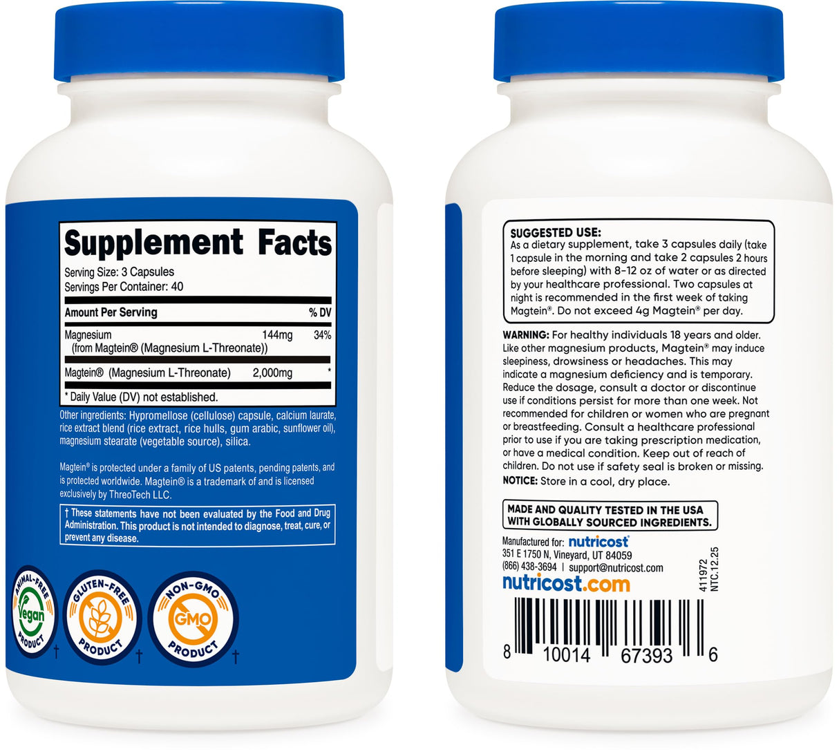 Nutricost Magnesium L-Threonate As Magtein 2000mg, 120 Capsules - Non-GMO, Gluten Free, Vegetarian Friendly