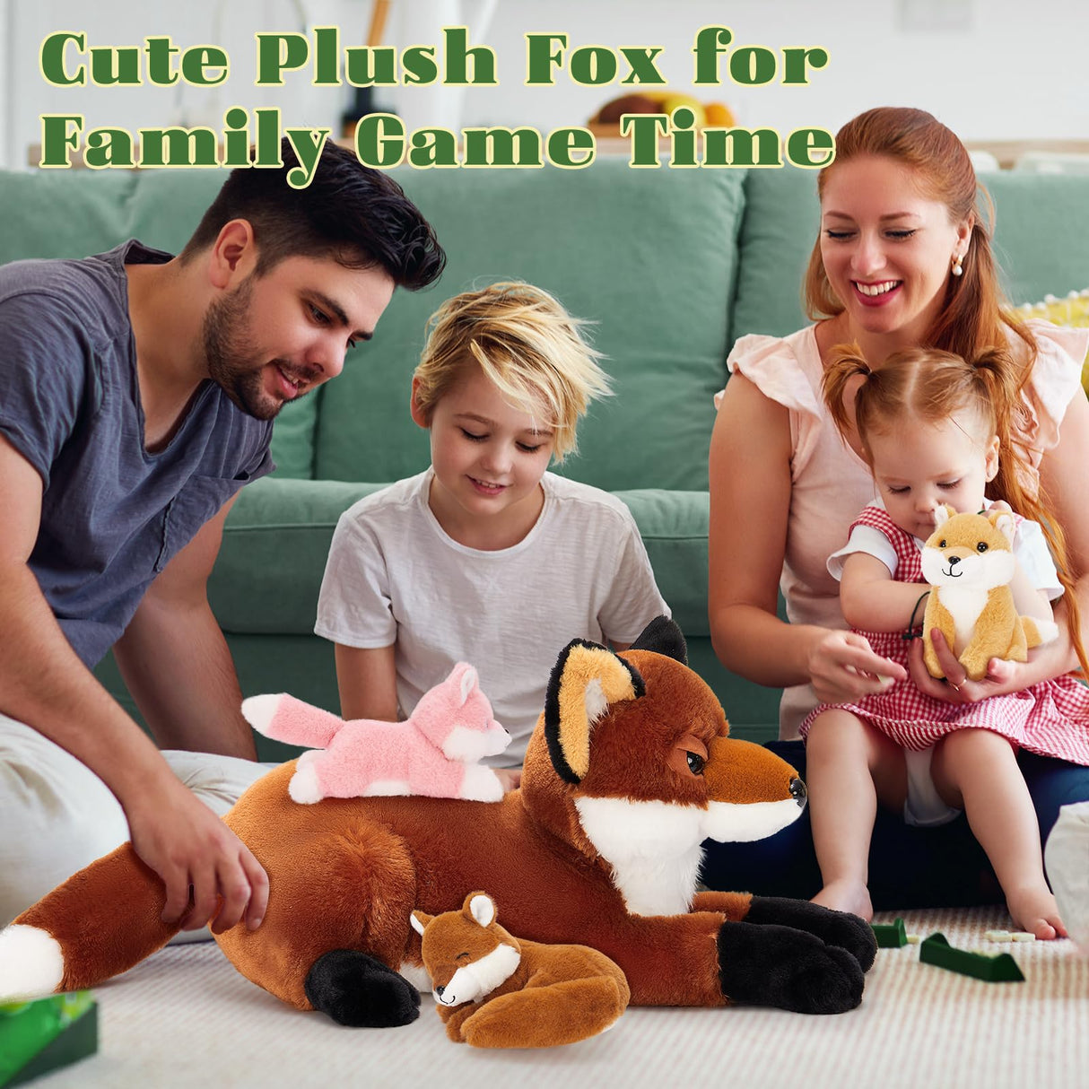 BENINY 4Pcs Fox Stuffed Animal Set, Large Mommy Red Fox Plush 22 Inch with 3 Baby Foxes in Her Zippered Tummy, Christmas Plushie Toy Gift for Girls and Kids