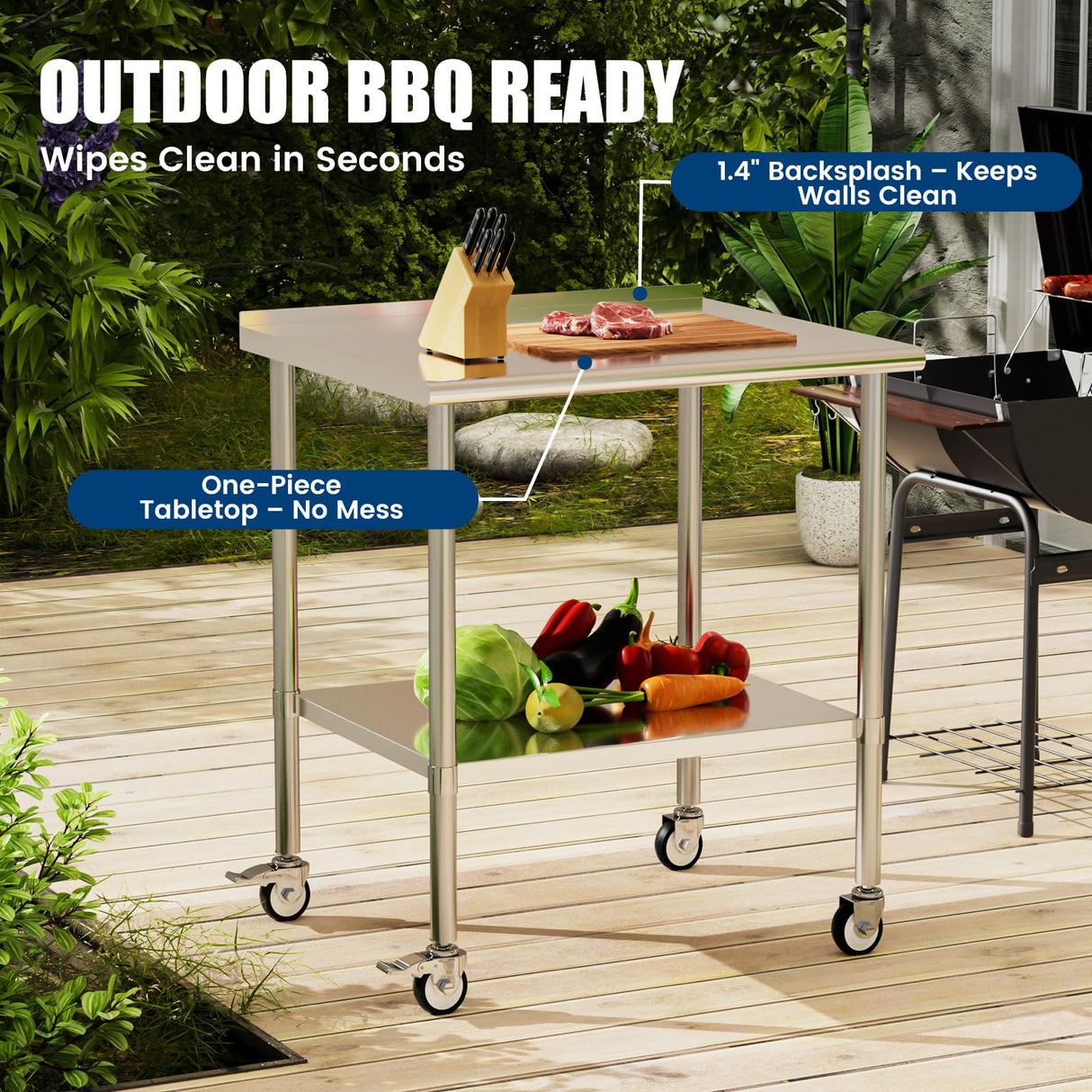 Chingoo Stainless Steel Work Table with Wheels, 30x36 Inch NSF Food Prep Table with Backsplash & Adjustable Undershelf for Kitchen, Restaurant, Garage