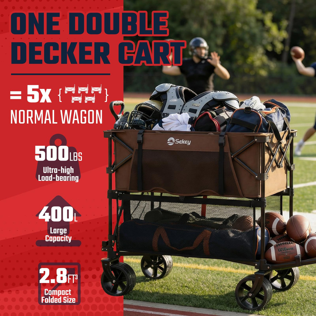 Sekey 500LBS Heavy Duty Double Decker Wagon with Extender, 400L Large Capacity Collapsible Garden Cart Fits 10x10 Canopy, All-Terrain Big Wheels with Brakes, Foldable Utility Wagon for Sports, Camping