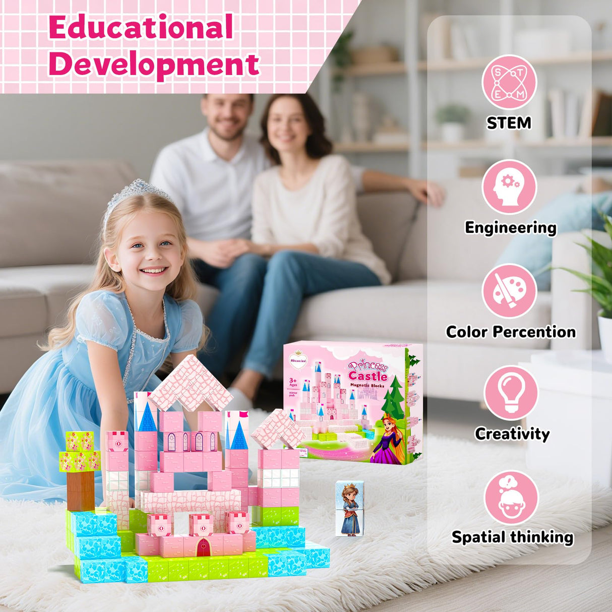 Hiwawind 64 Pcs Magnetic Blocks-Princess Castle Collection World,Magnetic Building Blocks for 3+ Year Old Boys & Girls, Creative STEM Sensory Toys,Christmas Birthday Gifts for Kids Ages 3-8