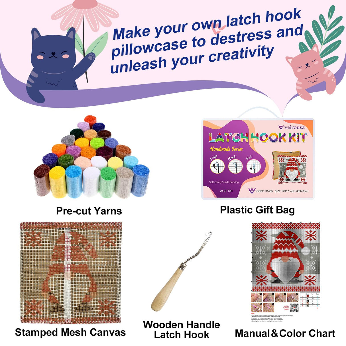 veirousa Christmas Gnomes Latch Hook Kits for Adults Beginners, Pre-Printed Latch Hook Pillow Kit, Craft Rug Making Kits, DIY Embroidery Cushion for Home Sofa Decor & Xmas Gift Idea 17x17 in.