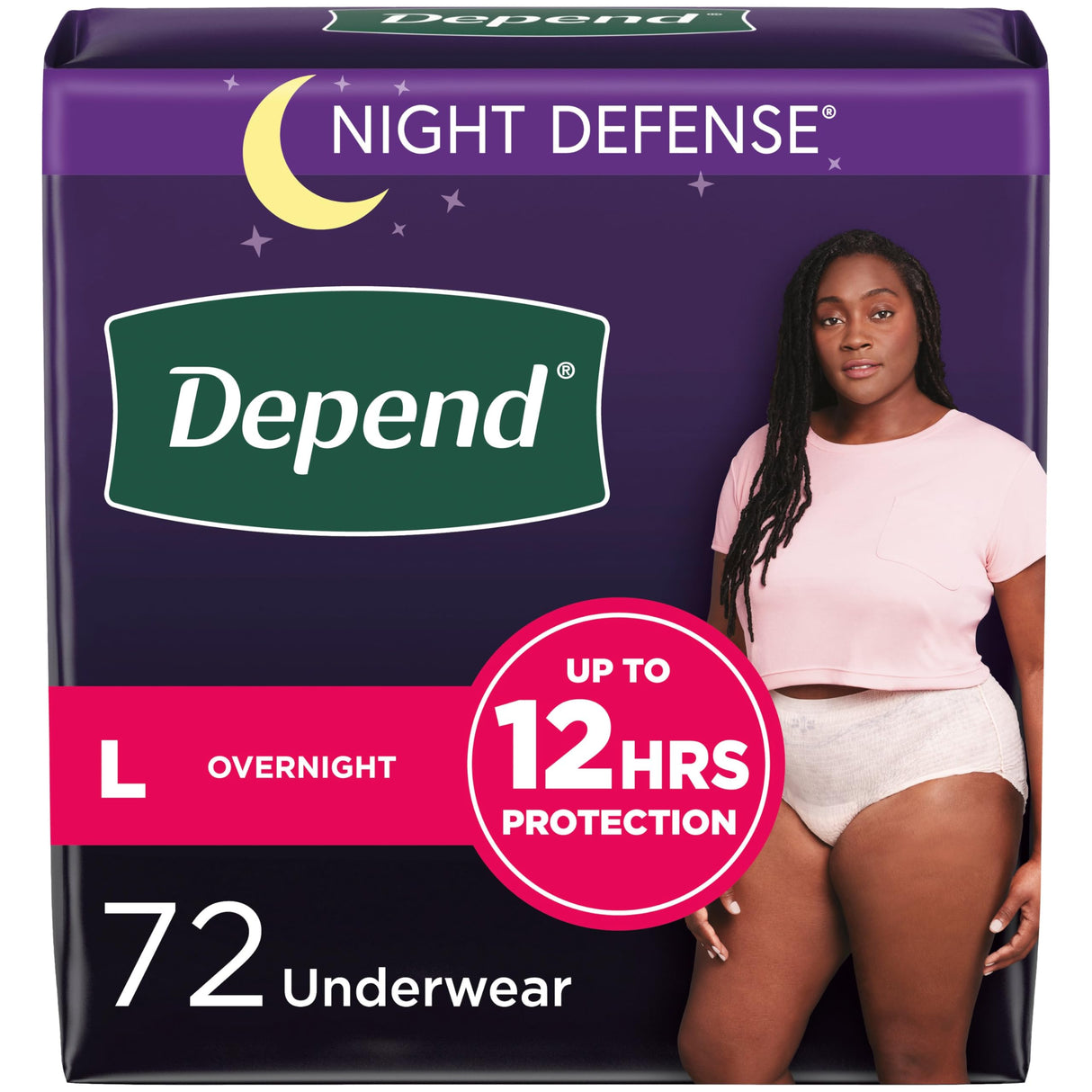 Depend Night Defense Adult Incontinence & Postpartum Bladder Leak Underwear for Women, Disposable, Overnight, Large, Blush, 72 Count, Packaging May Vary