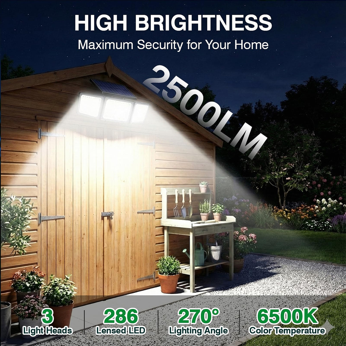 Solar Outdoor Lights Motion Sensor, 2500LM 286 LED Security Flood Lights with Visual Battery & Mode Display, 3 Lighting Modes, IP65 Waterproof 3-Head Wide Angle for Garage, Yard, Patio (2 Pack)