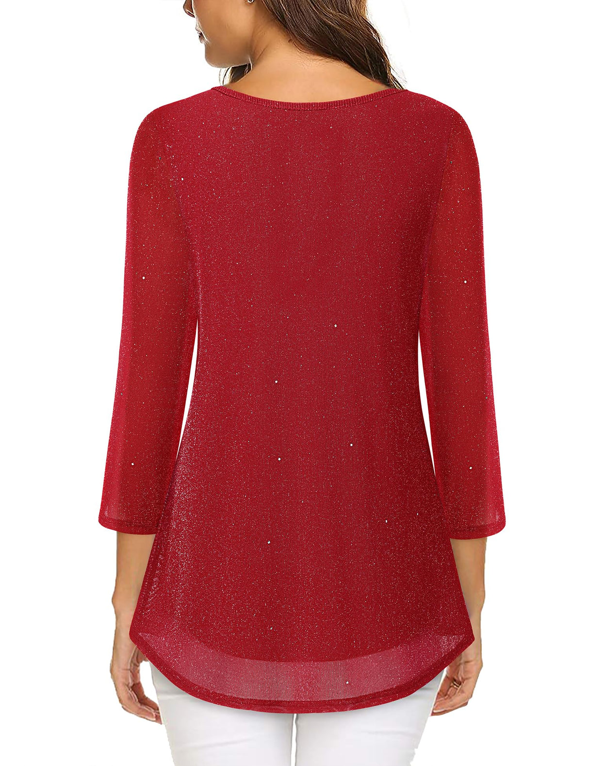 VALOLIA Women Blouses 3/4 Sleeve: Dressy - Sparkly Tops for Women - Ladies Christmas Flattering Blouse V Neck Casual Tunic Tops Loose Fit Layered Flowy Elegant Shirt Red XX-Large