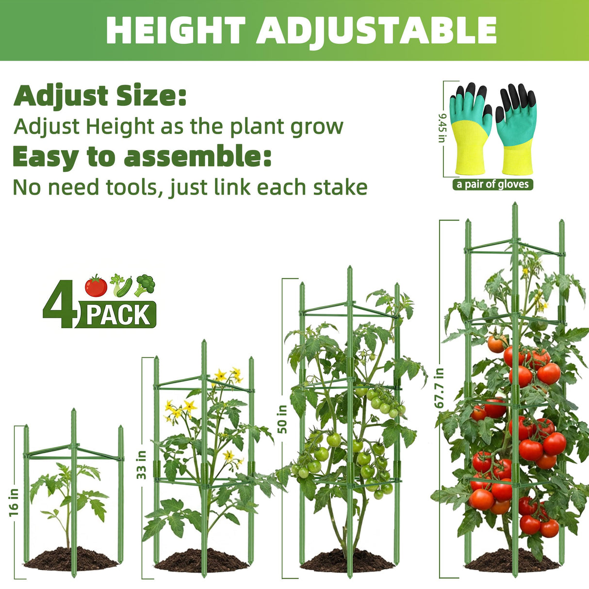 EWPJDK 6-Pack Tomato Cage for Garden Plant Support 48 INCH Garden Stakes Adjustable Tomato Cage for Climbing Plants Pots Vegetables Flowers Fruits (6, 48 Inches)
