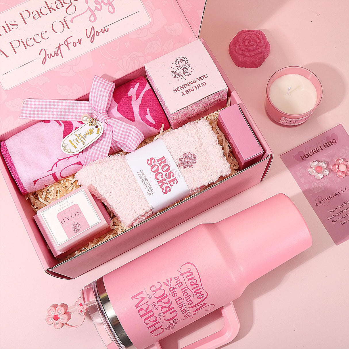 Birthday Gifts for Women Self Care Gift - Get Well Soon Gift Christmas Gifts - Rose Relaxing Spa Gift Basket Self Care Package for Women,Best Friend,Girlfriend,Wife,Mom,Sister,Her w/ Insulated Tumbler