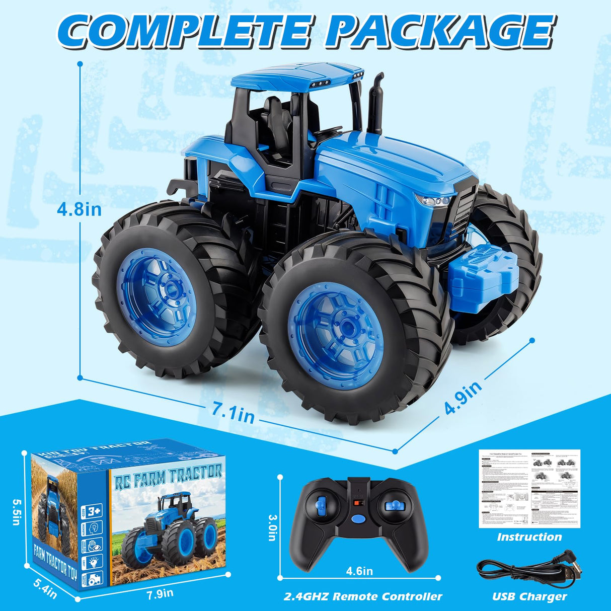 Remote Control Monster Tractor Toy for 3, 4, 5, 6, 7 years old, Blue Light Up Monster Trucks Toy with LED Lights Toddlers RC Farm Vehicle Toys for Boys & Girls Ideal Christmas, Birthday Gifts for Kids