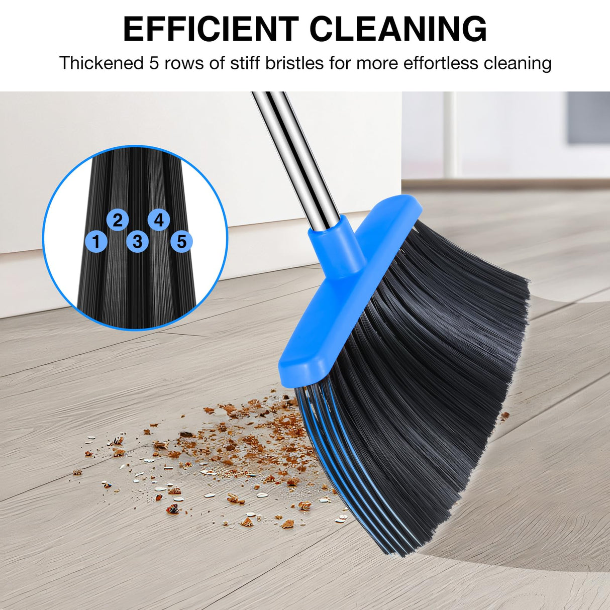 NACENA Broom and Dustpan Set, 52-in Long Adjustable Handle Broom Dustpan Combo with Dustpan Teeth to Automatically Clean Hair Suitable for Home Kitchen Office Hall Floor(Black&Blue)
